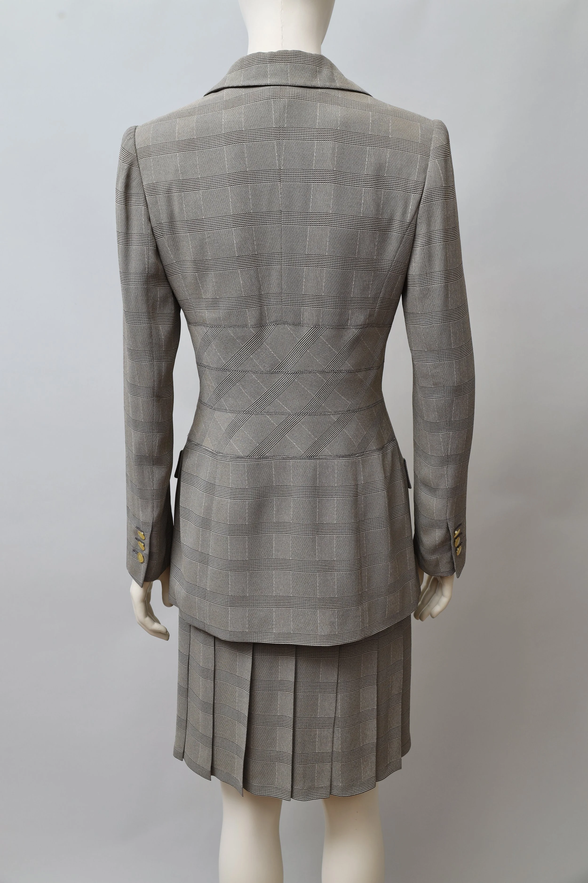 1980s Angelo Tarlazzi zig-zag plaid blazer and pleated dress ensemble