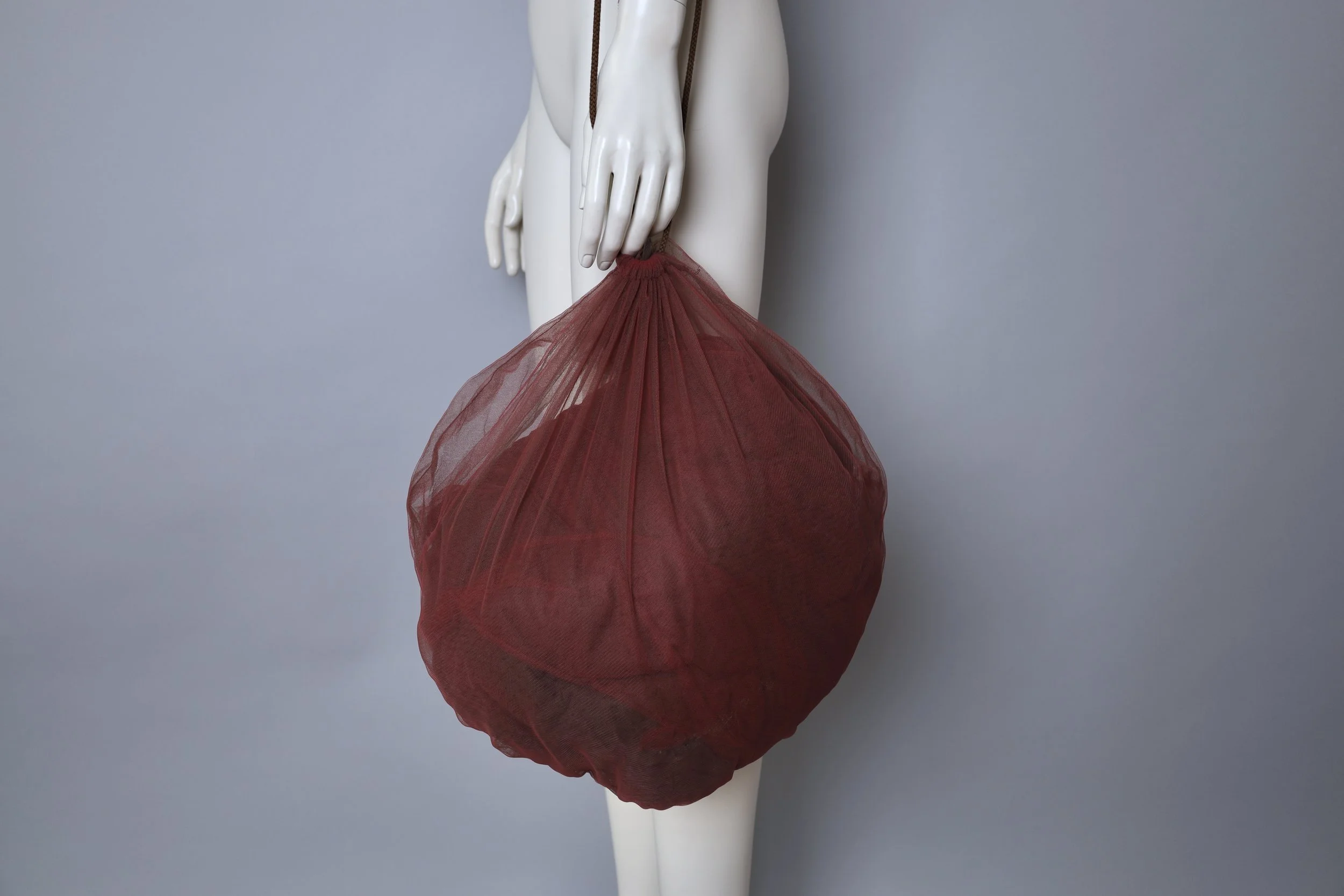 F/W 1994 G Gigli by Romeo Gigli burgundy and grey tulle skirt bag