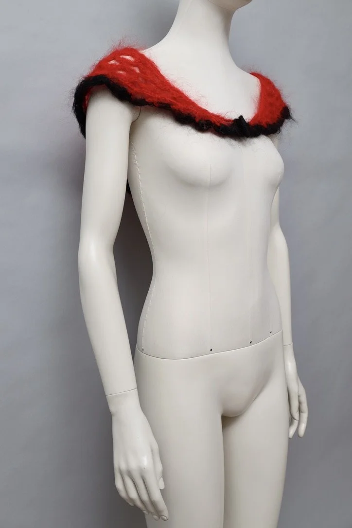 Vintage French red and black loose knit mohair shawl