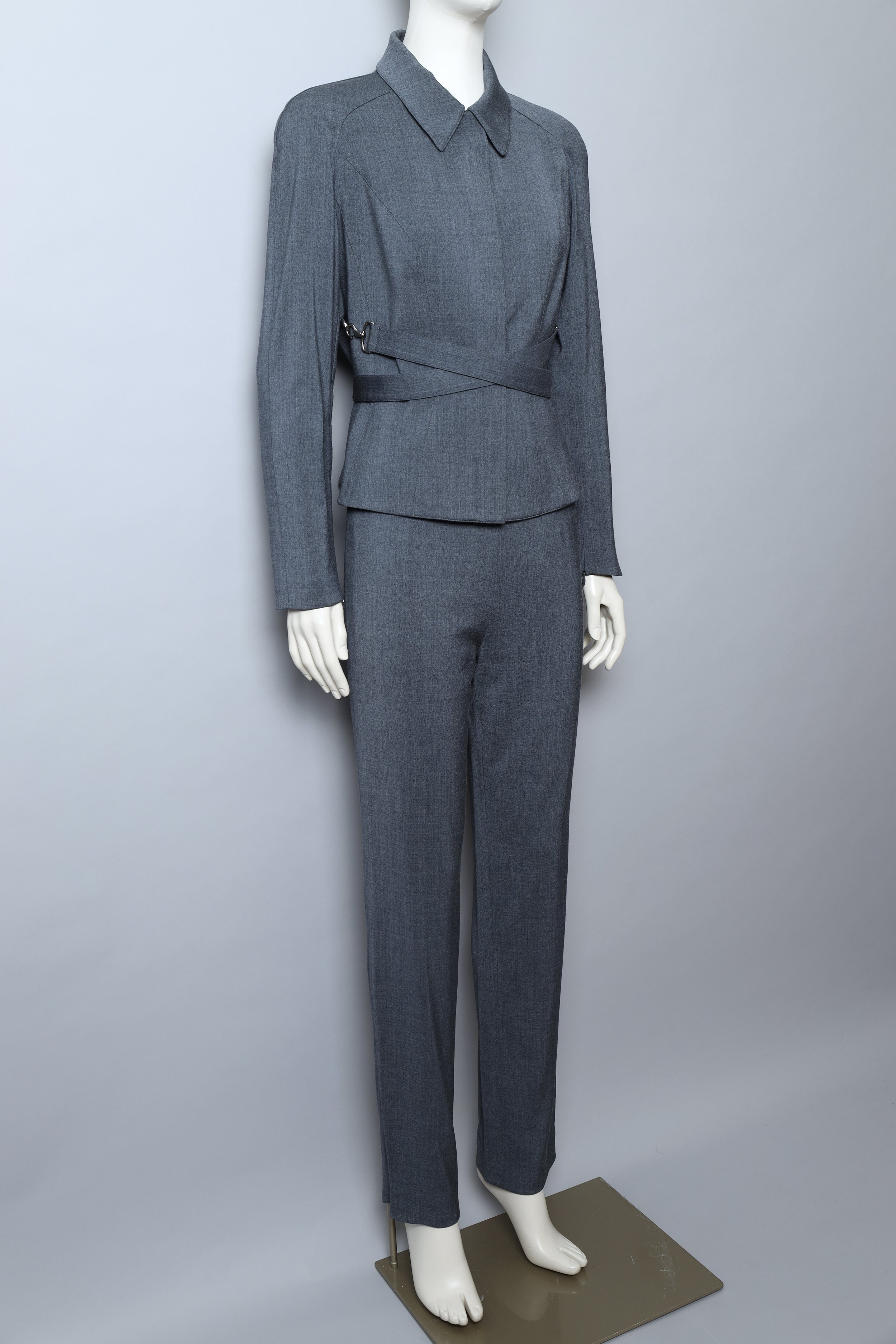 early 2000s Mugler grey belted blazer and pant suit