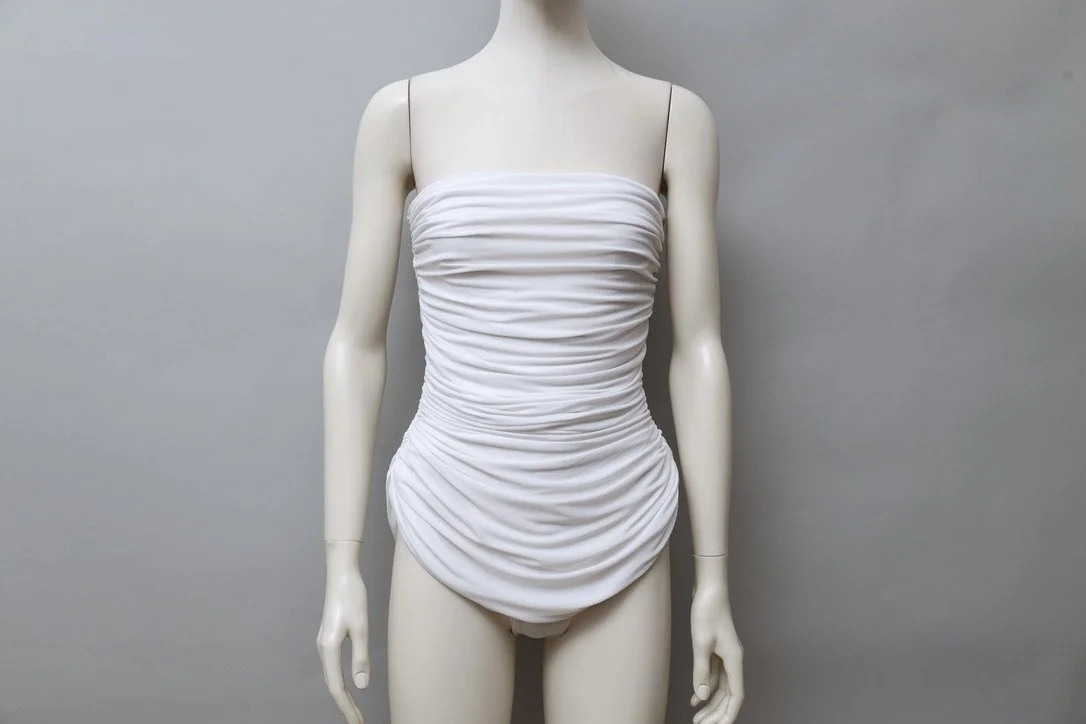1980s Norma Kamali ruched white cascade bodysuit