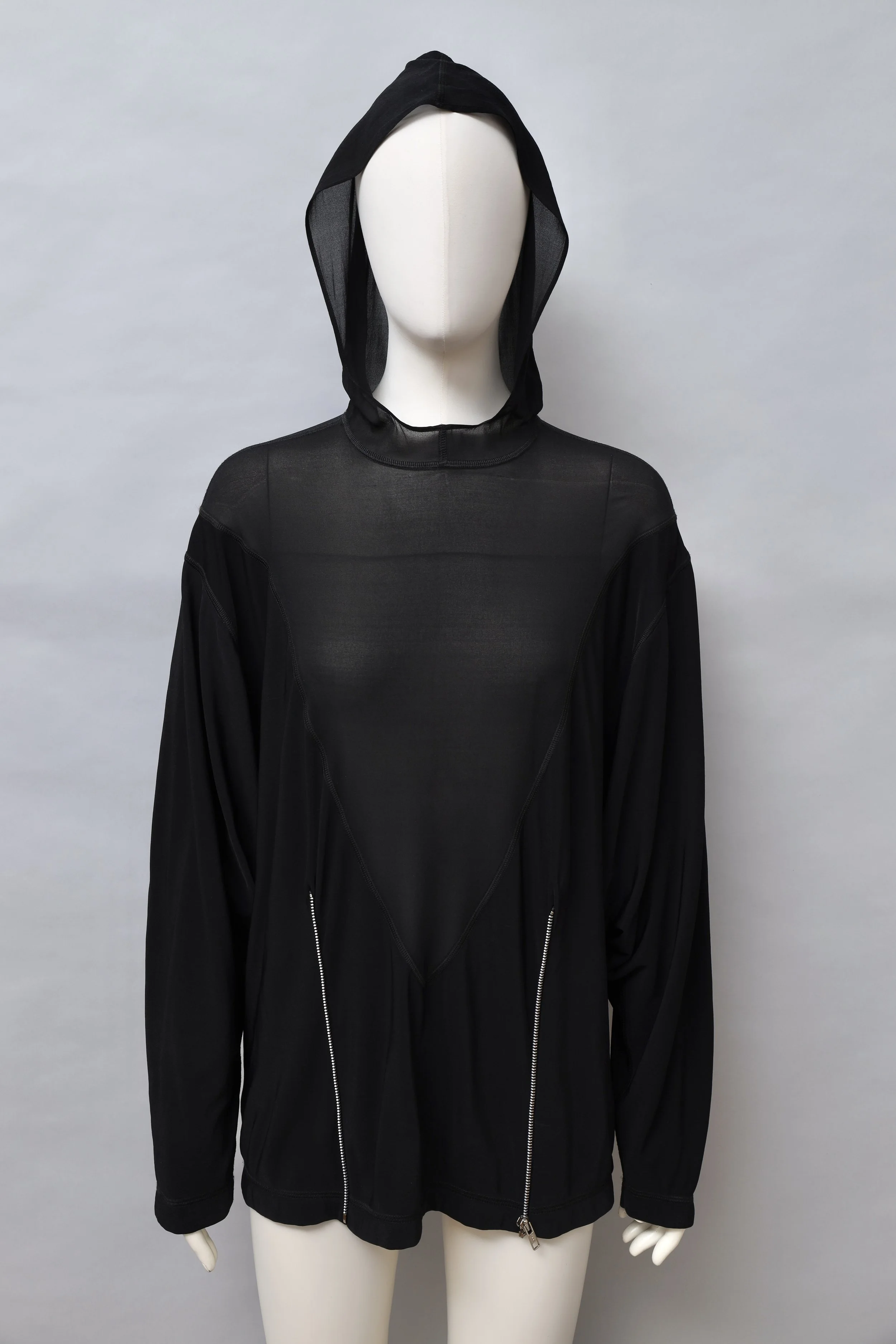 F/W 1990 Chantal Thomass black fleece jersey and silk muslin zip batwing hoodie