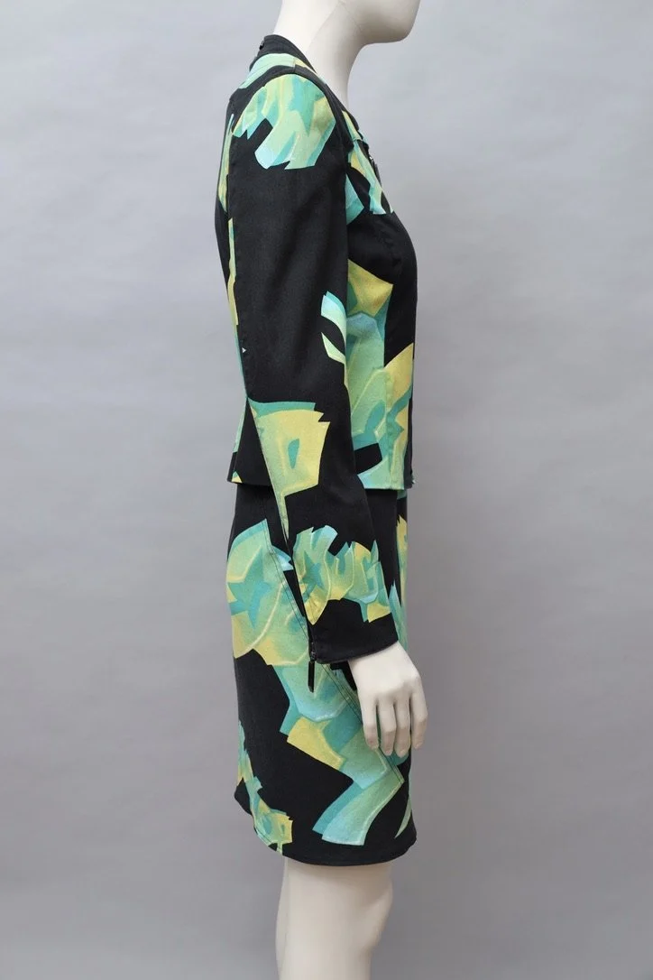 late 2000s Mugler green 2D graffiti print halterneck dress and jacket set