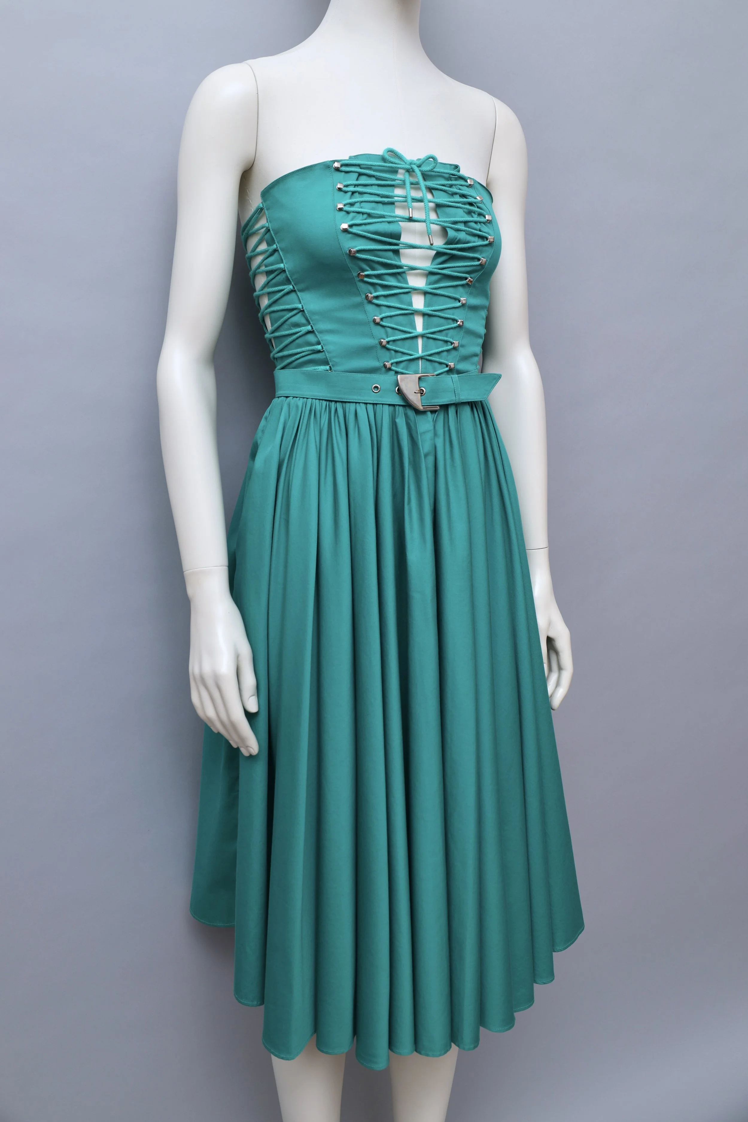 S/S 1987 Thierry Mugler teal lace up dress