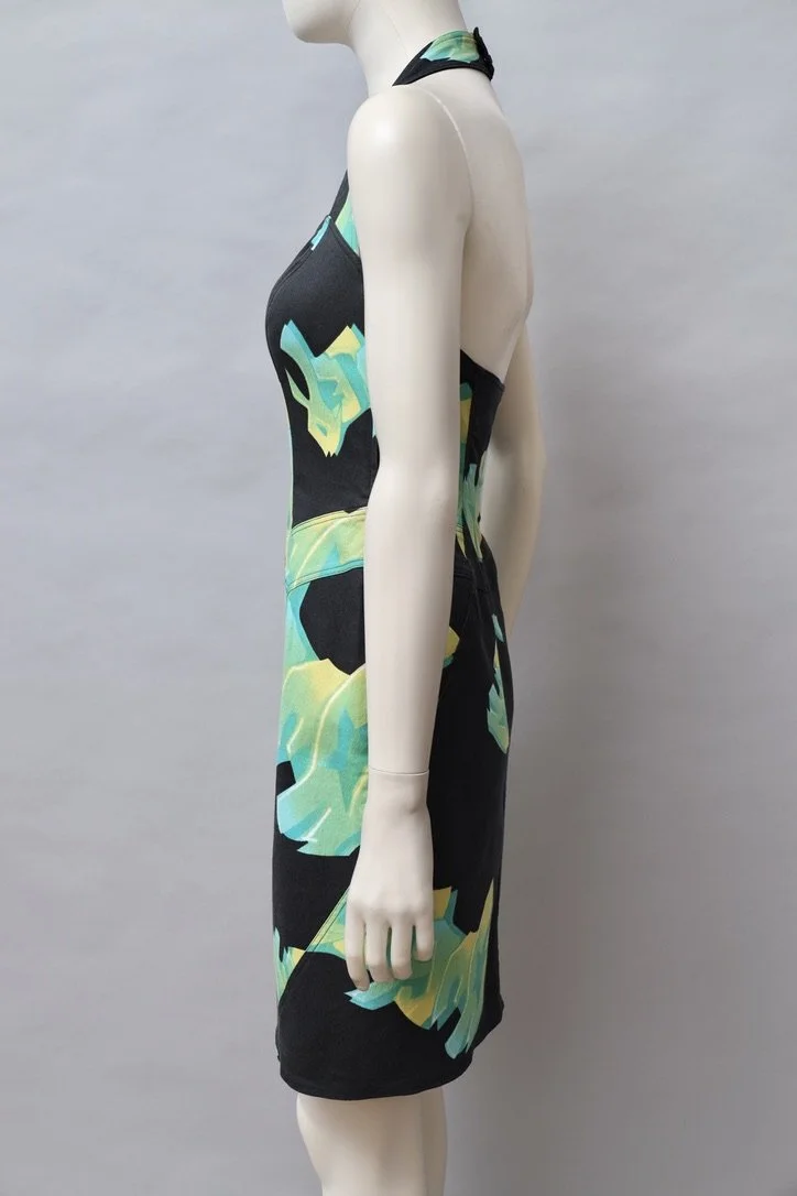 late 2000s Mugler green 2D graffiti print halterneck dress