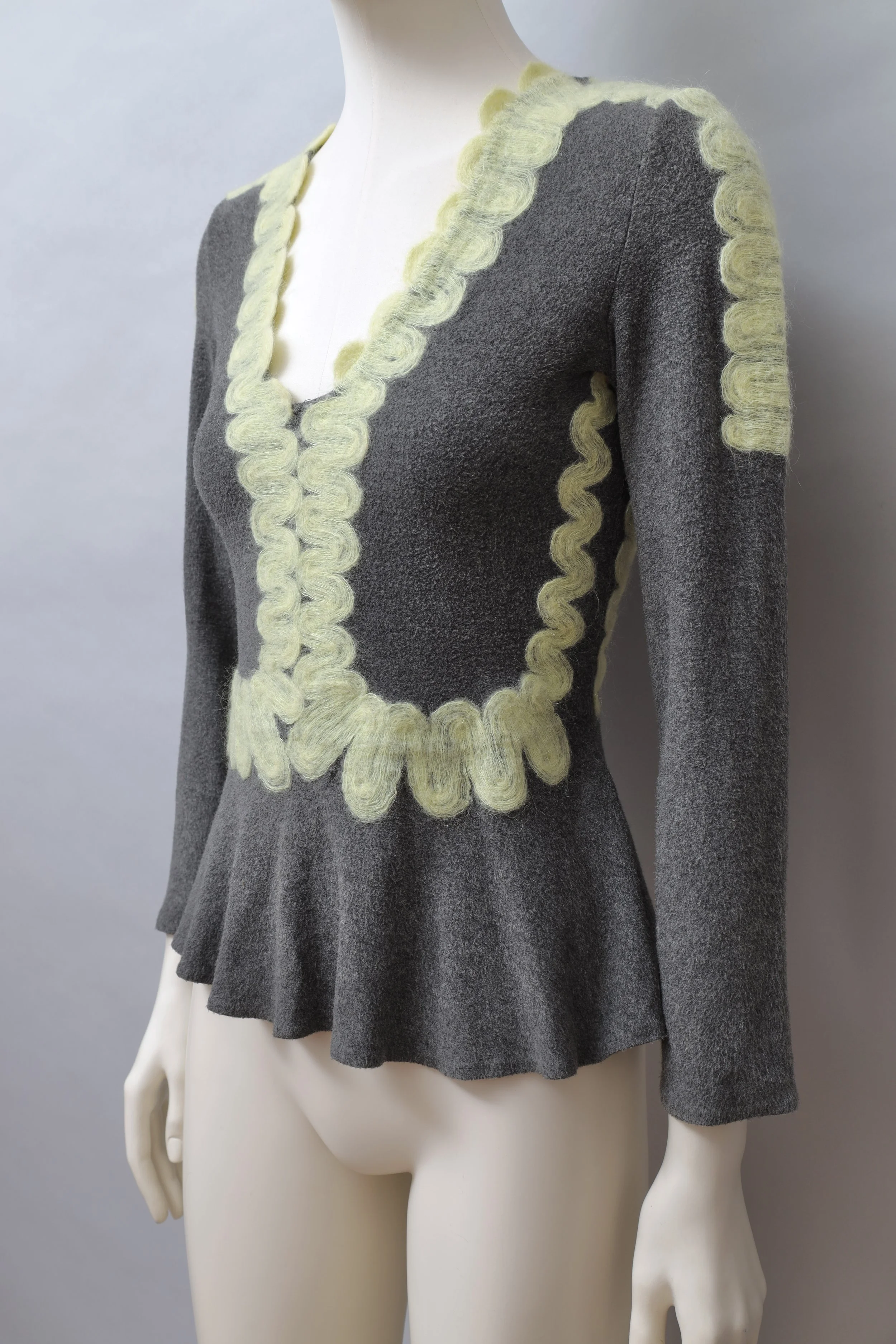 2000s Yoshiki Hishinuma gray fleece and pale yellow mohair embroidery peplum top