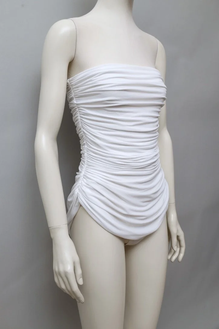 1980s Norma Kamali ruched white cascade bodysuit