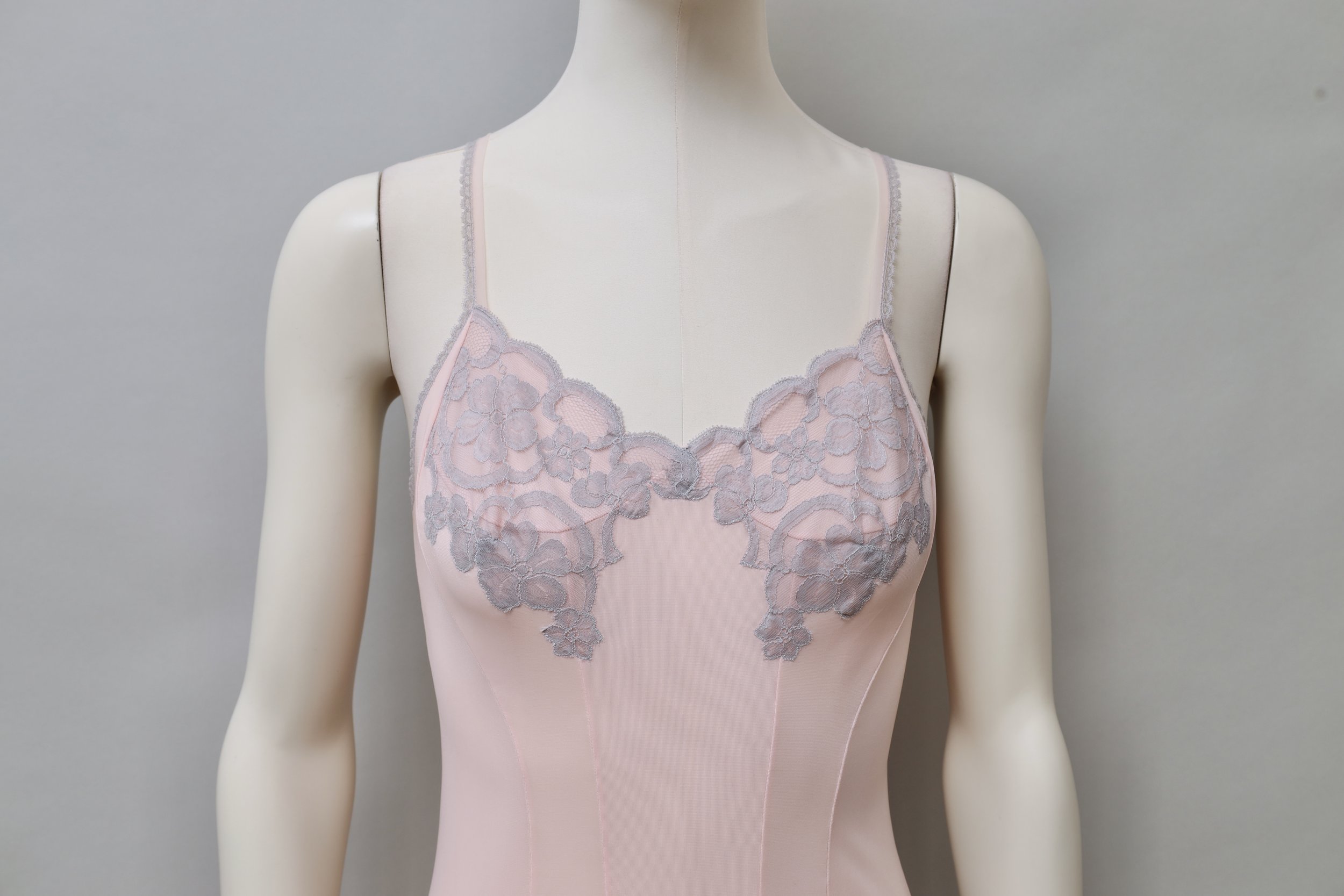 1960s deadstock Neyret Paris salmon rose nylon lace slip dress detail