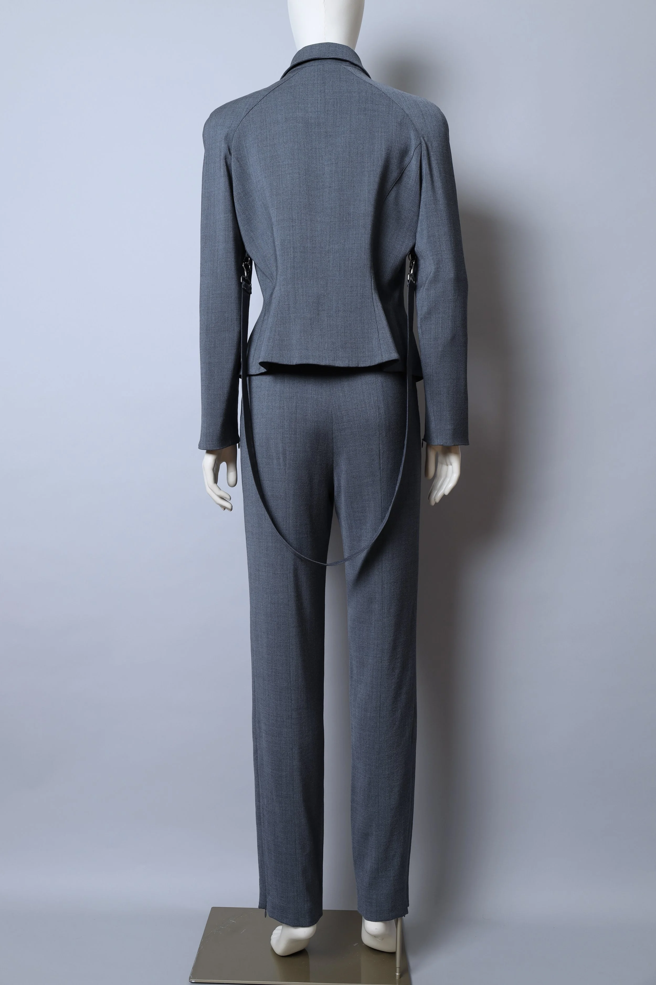 early 2000s Mugler grey belted blazer and pant suit