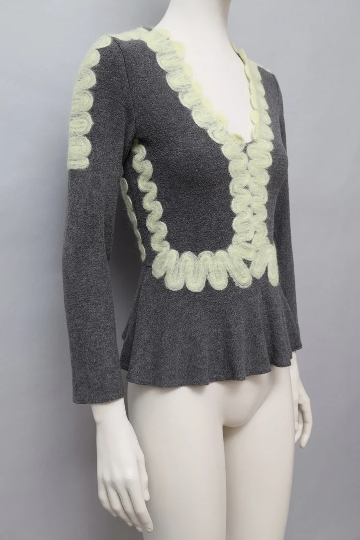 2000s Yoshiki Hishinuma gray fleece and pale yellow mohair embroidery peplum top