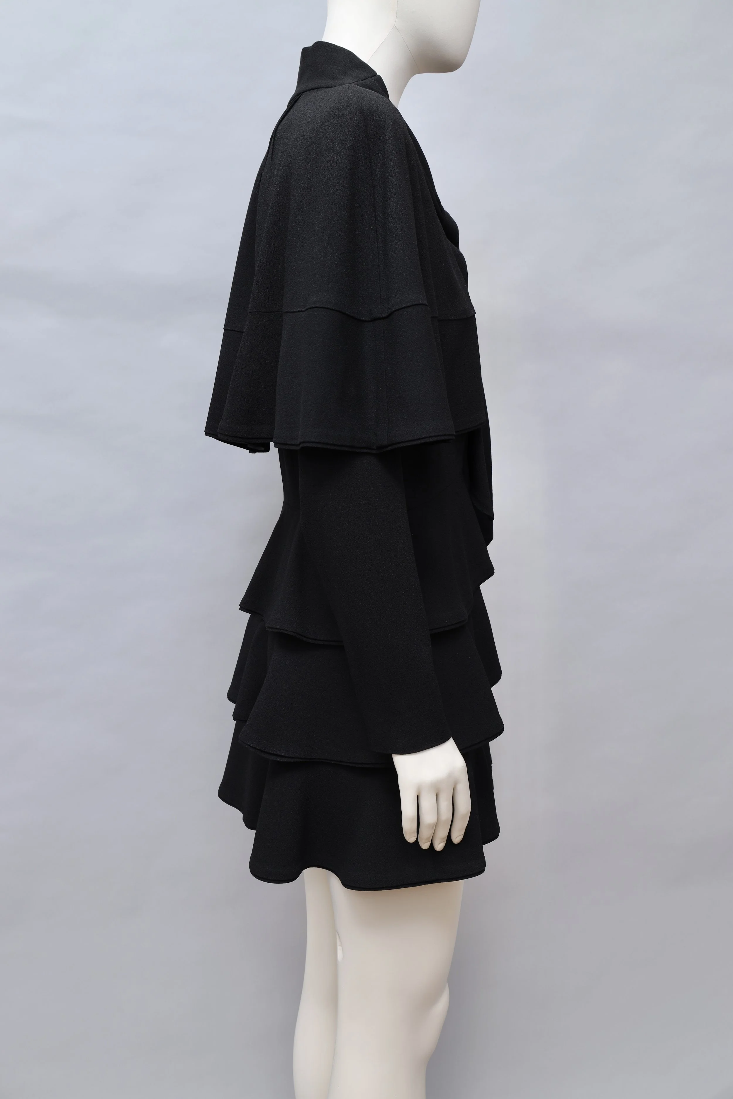 S/S 1988 Norma Kamali black tiered pussy bow over-dress