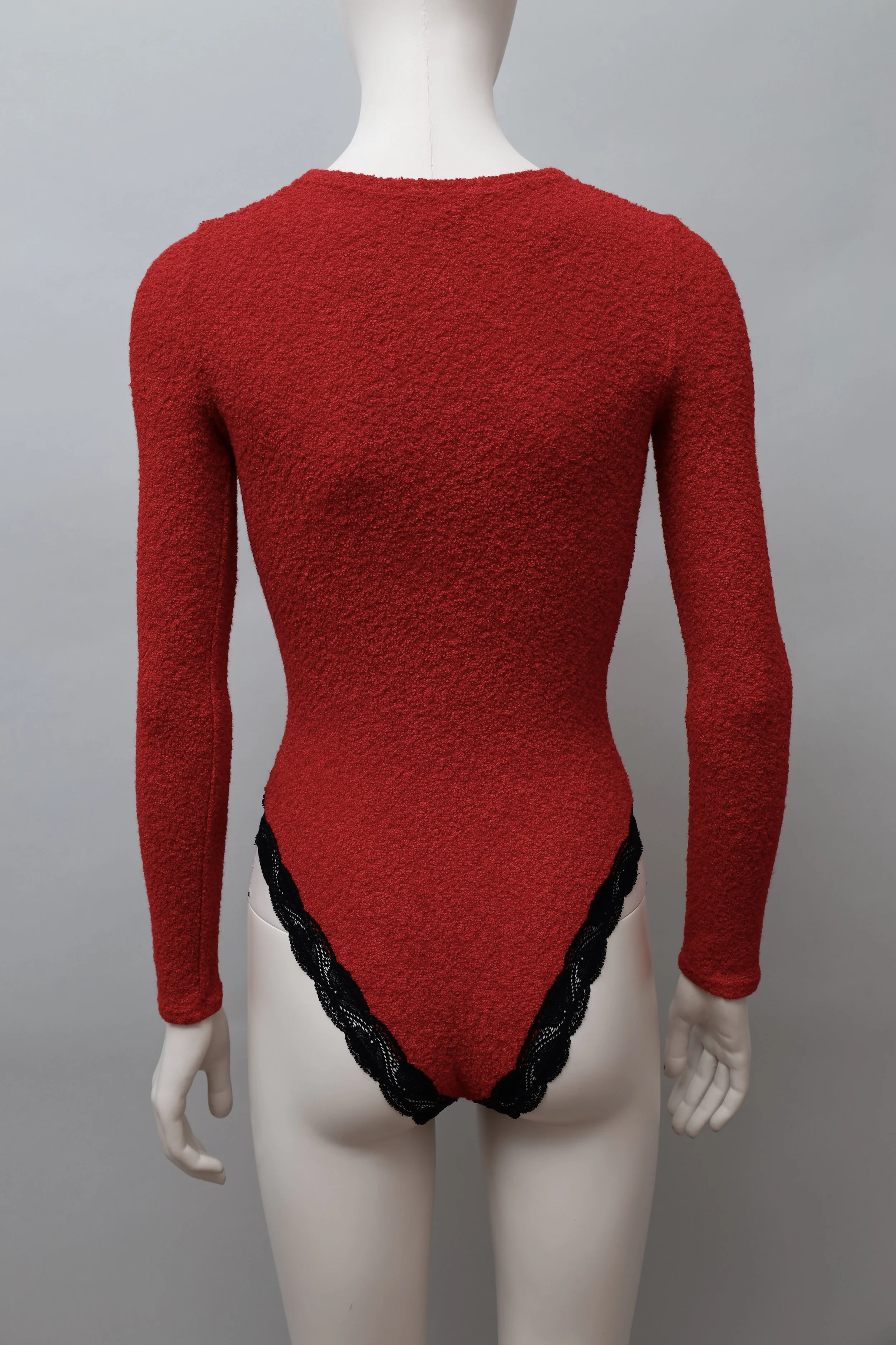 1990s Georges Rech red terry and black lace trim bodysuit
