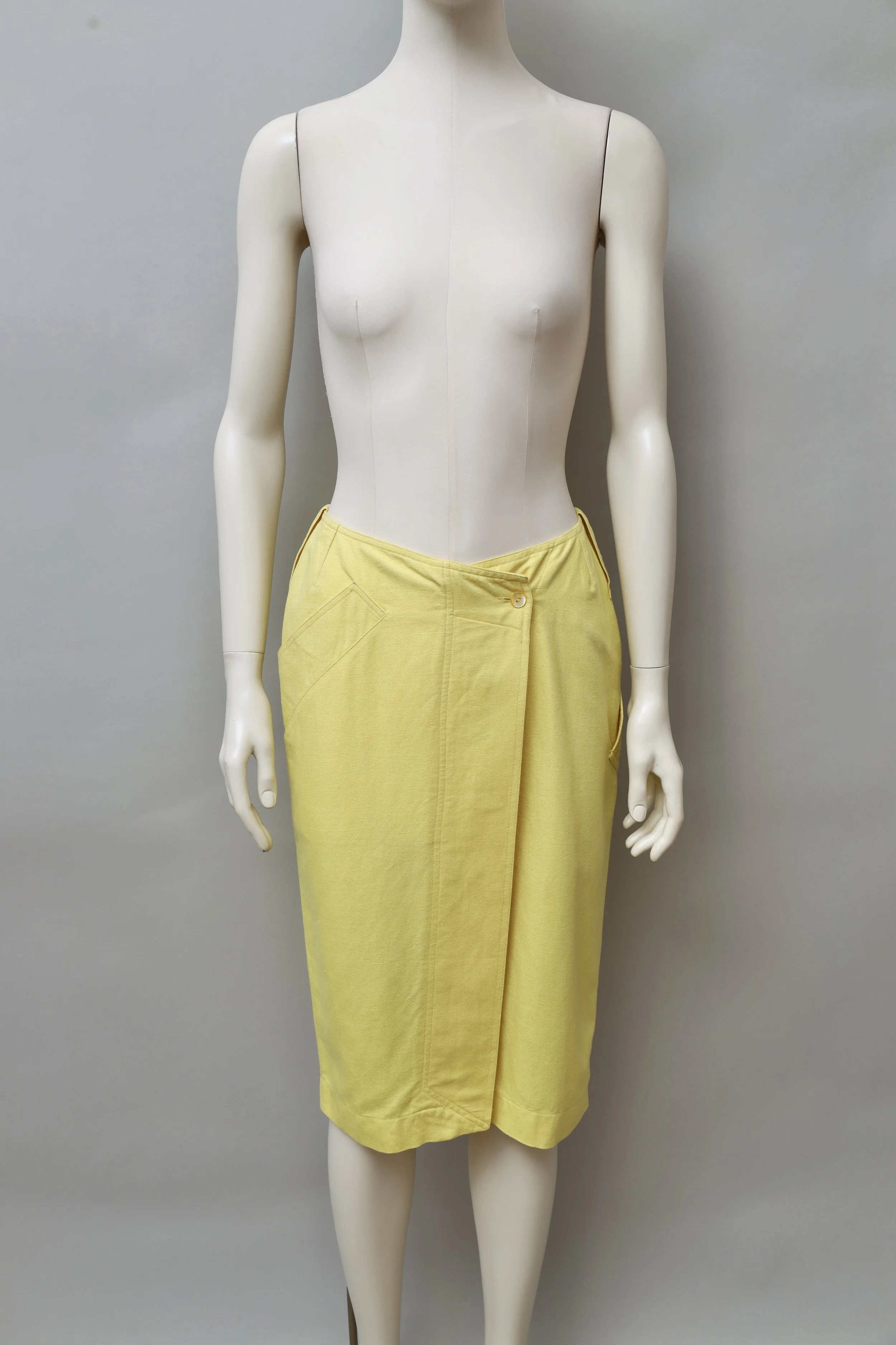 1980s Claude Montana yellow cotton asymmetrical wrap skirt