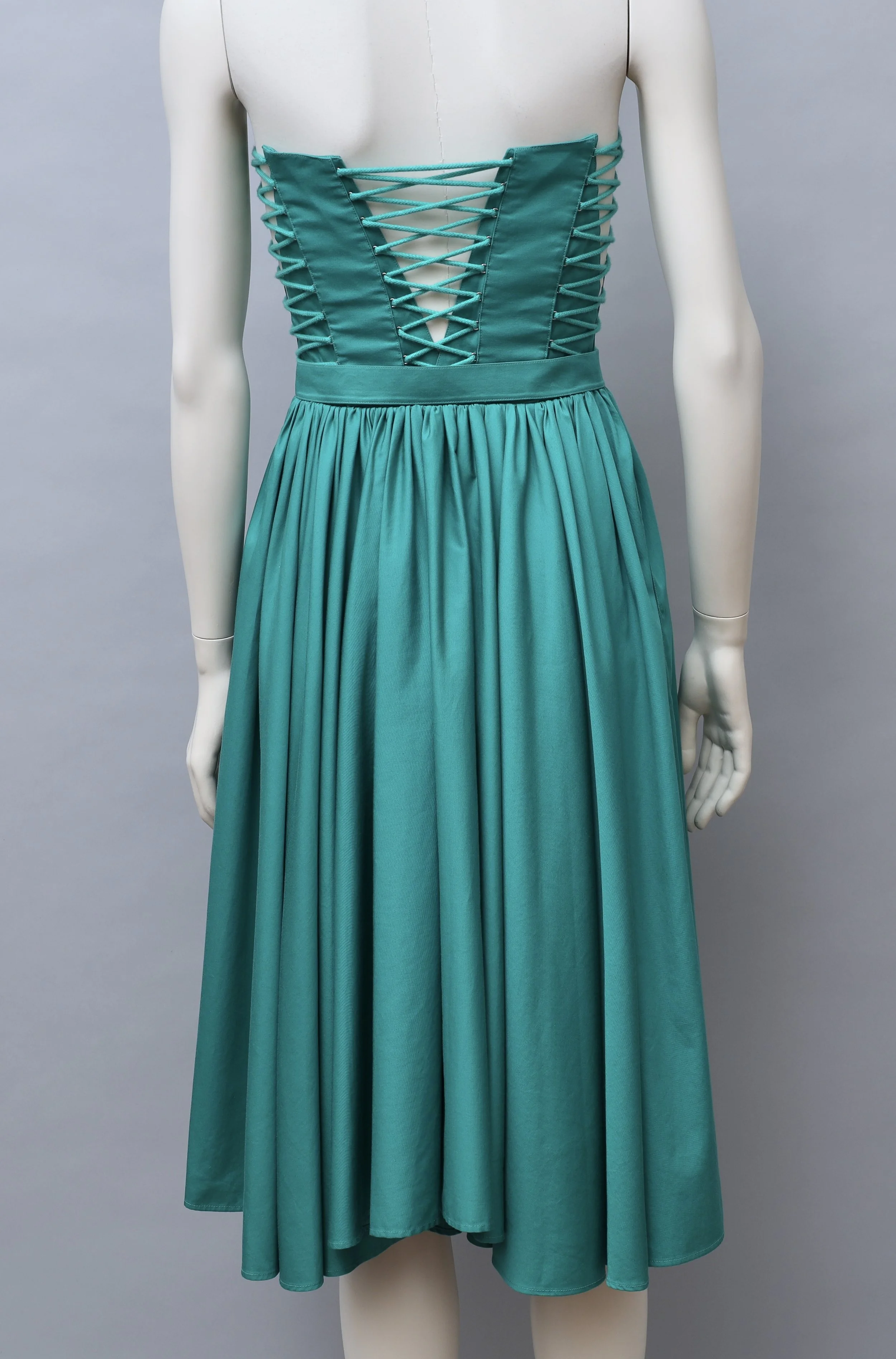 S/S 1987 Thierry Mugler teal lace up dress
