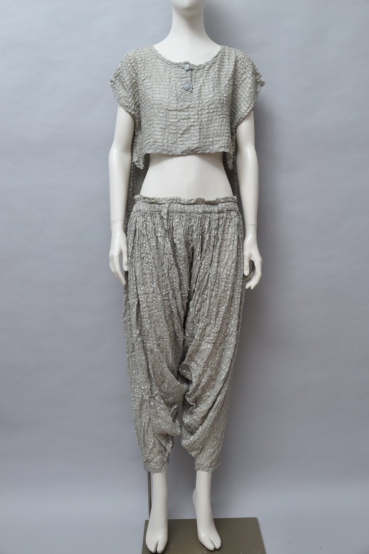 1980s Chantal Thomass gray crinkled silk top and balloon pant ensemble