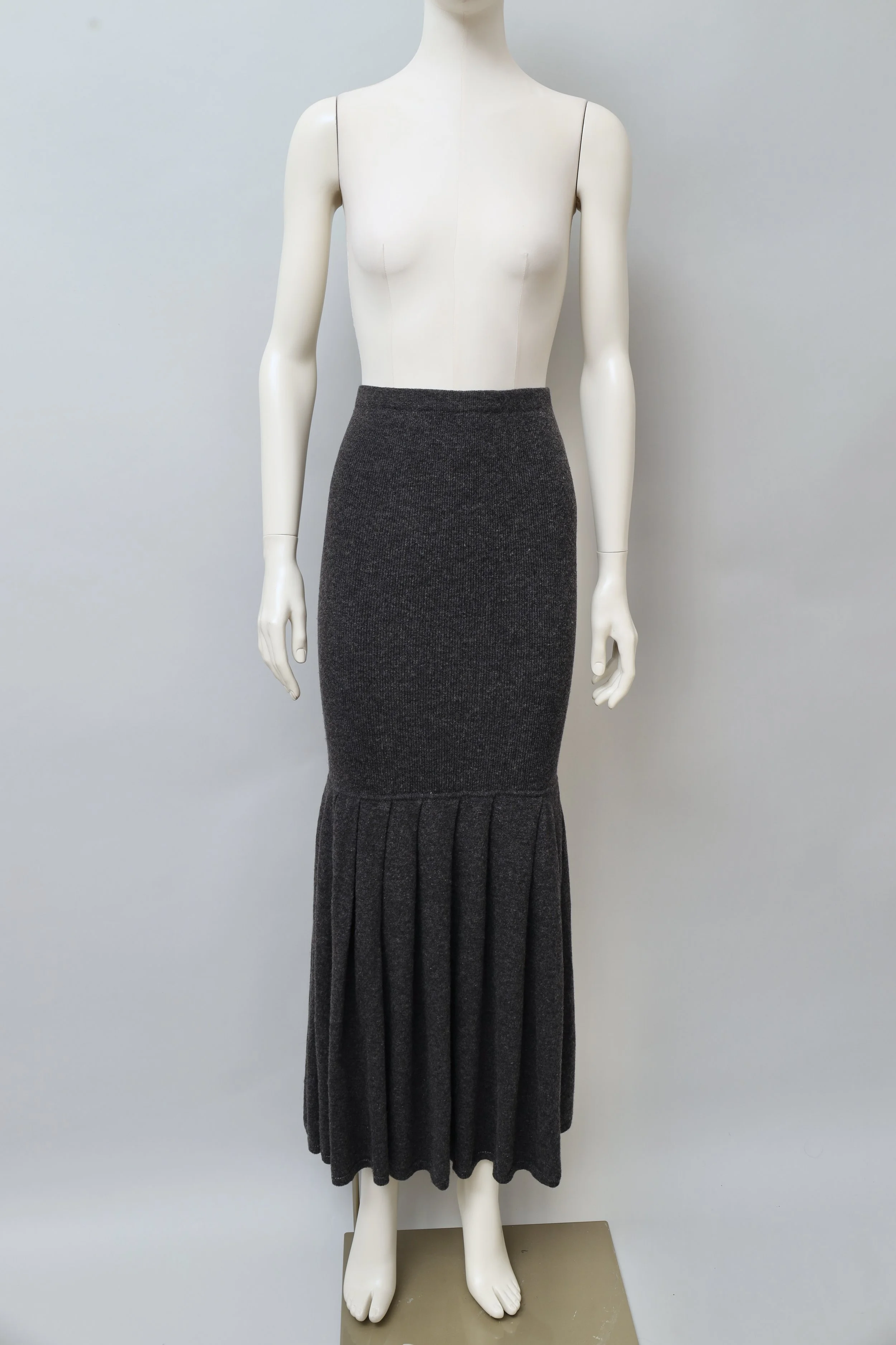 1990s Joseph Tricot long gray ruched knit skirt