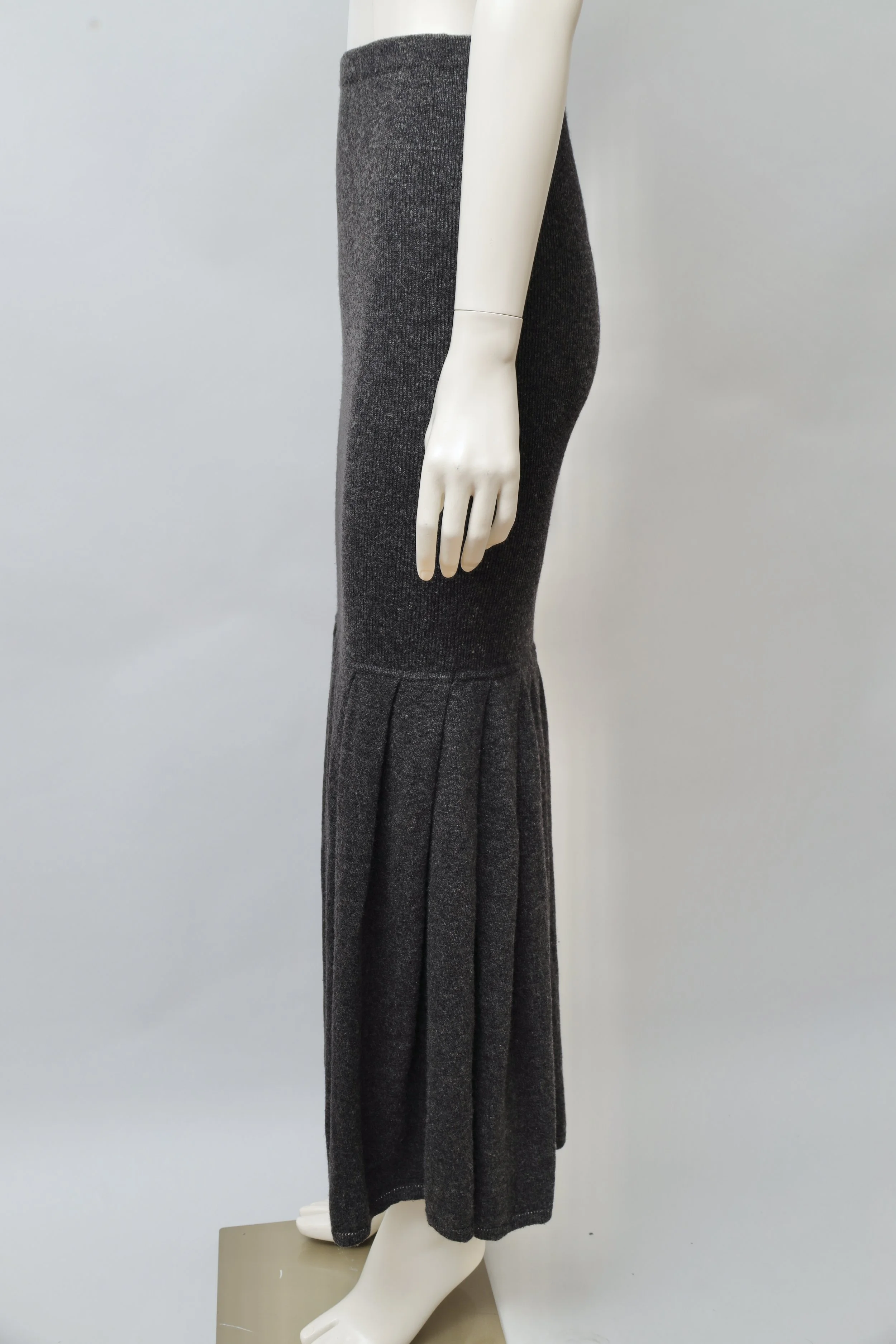 1990s Joseph Tricot long gray ruched knit skirt