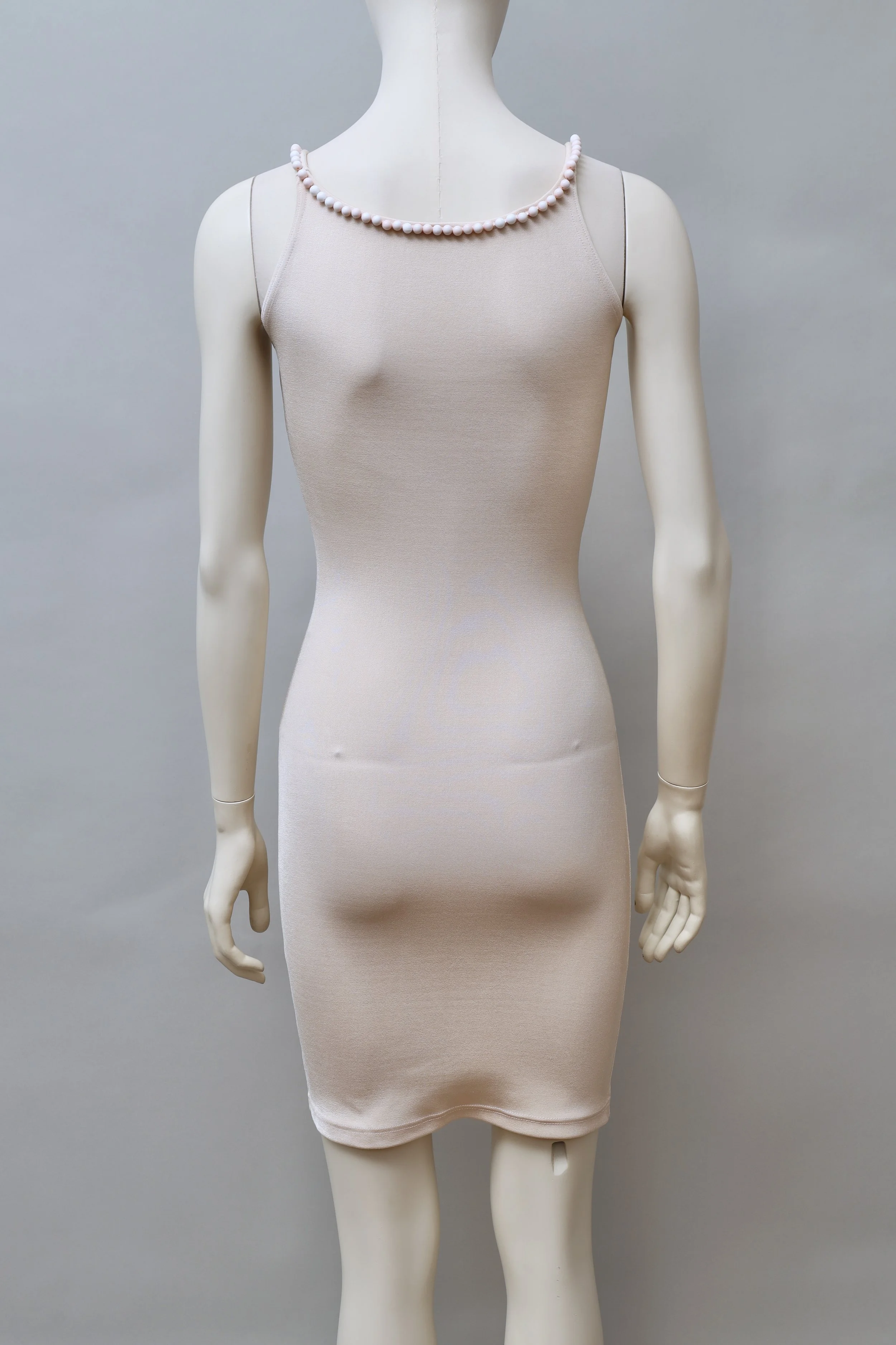 1990s Liza Bruce light peach pearl embellished stretch dress