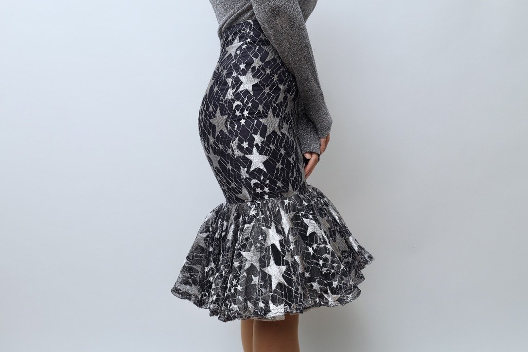 F/W 1986 Chantal Thomass midnight blue silver thread star lace tulle skirt