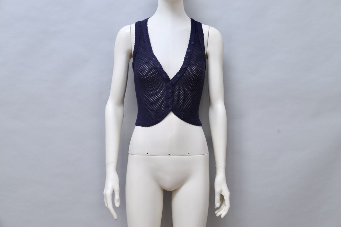 early 1970s Biba navy blue perforated cotton button up vest