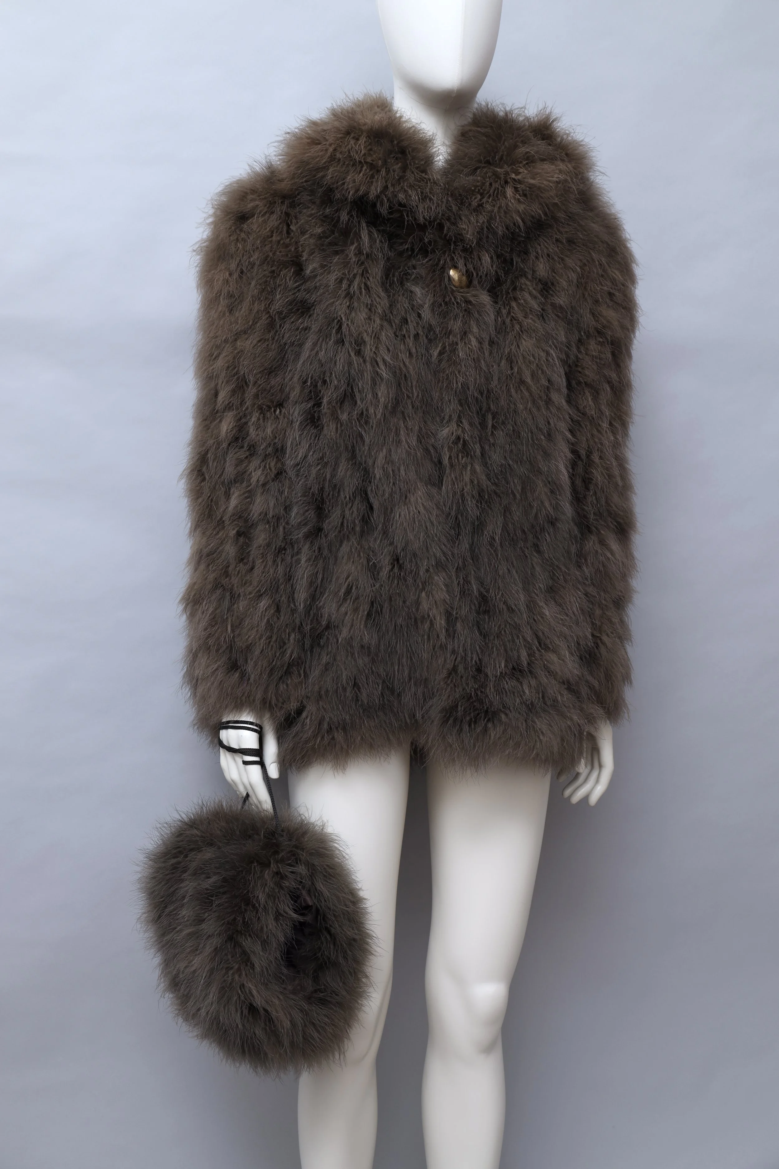 early 1980s Chantal Thomass taupe marabou feather coat and handwarmer