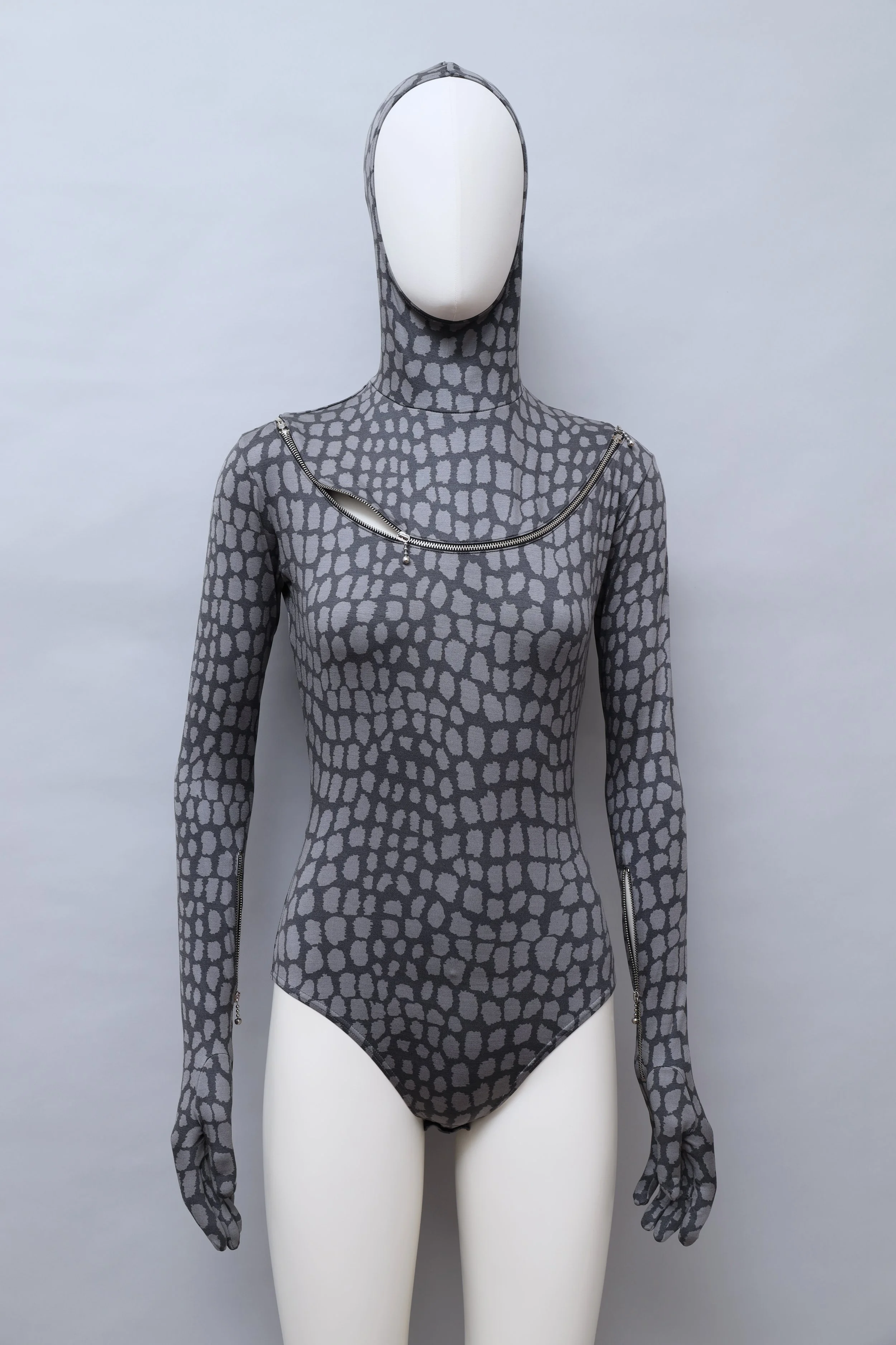 F/W 1992 Chantal Thomass gray crocodile print zip hooded bodysuit