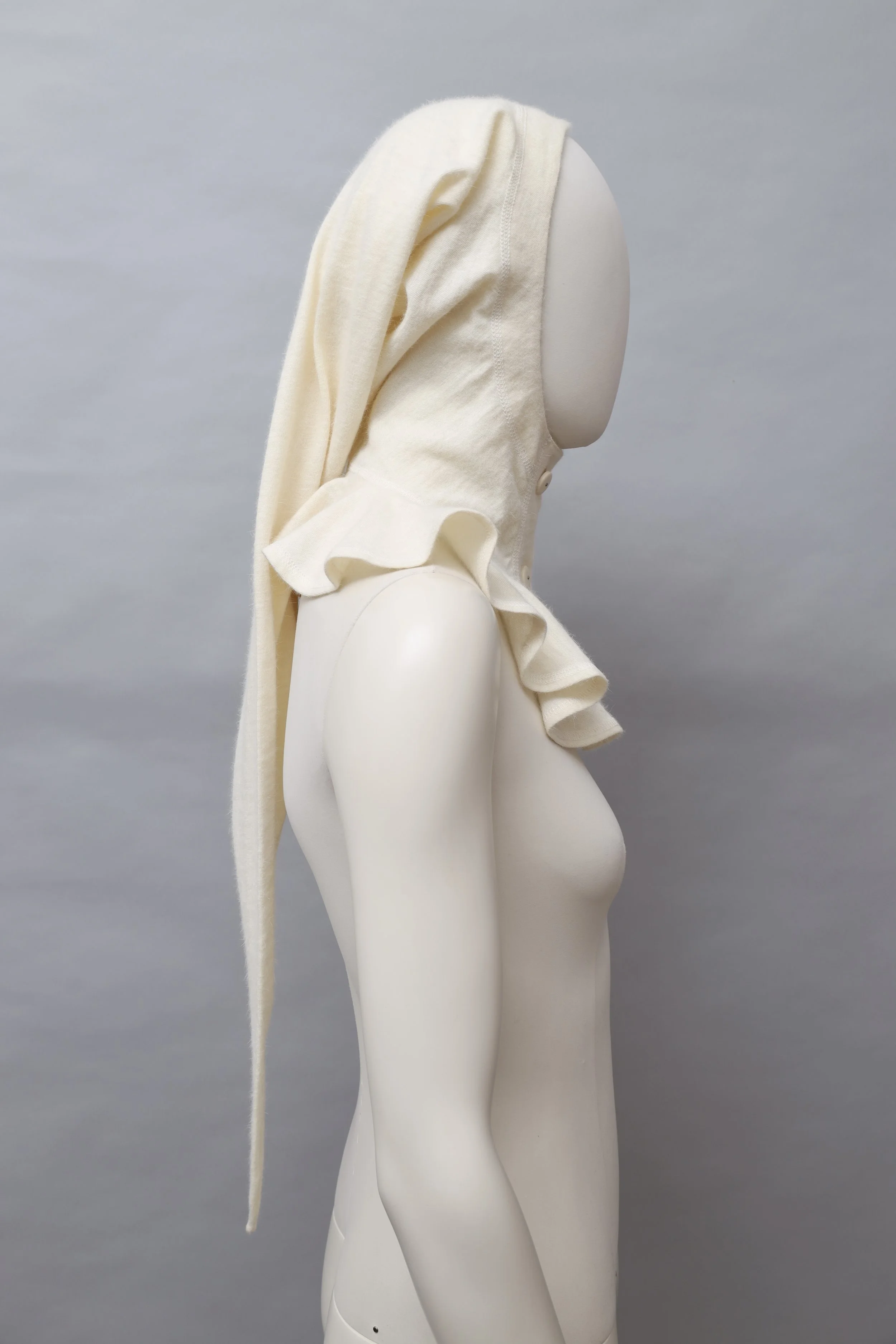 1980s Chantal Thomass cream wool angora blend buttoned liripipe hood jester hat