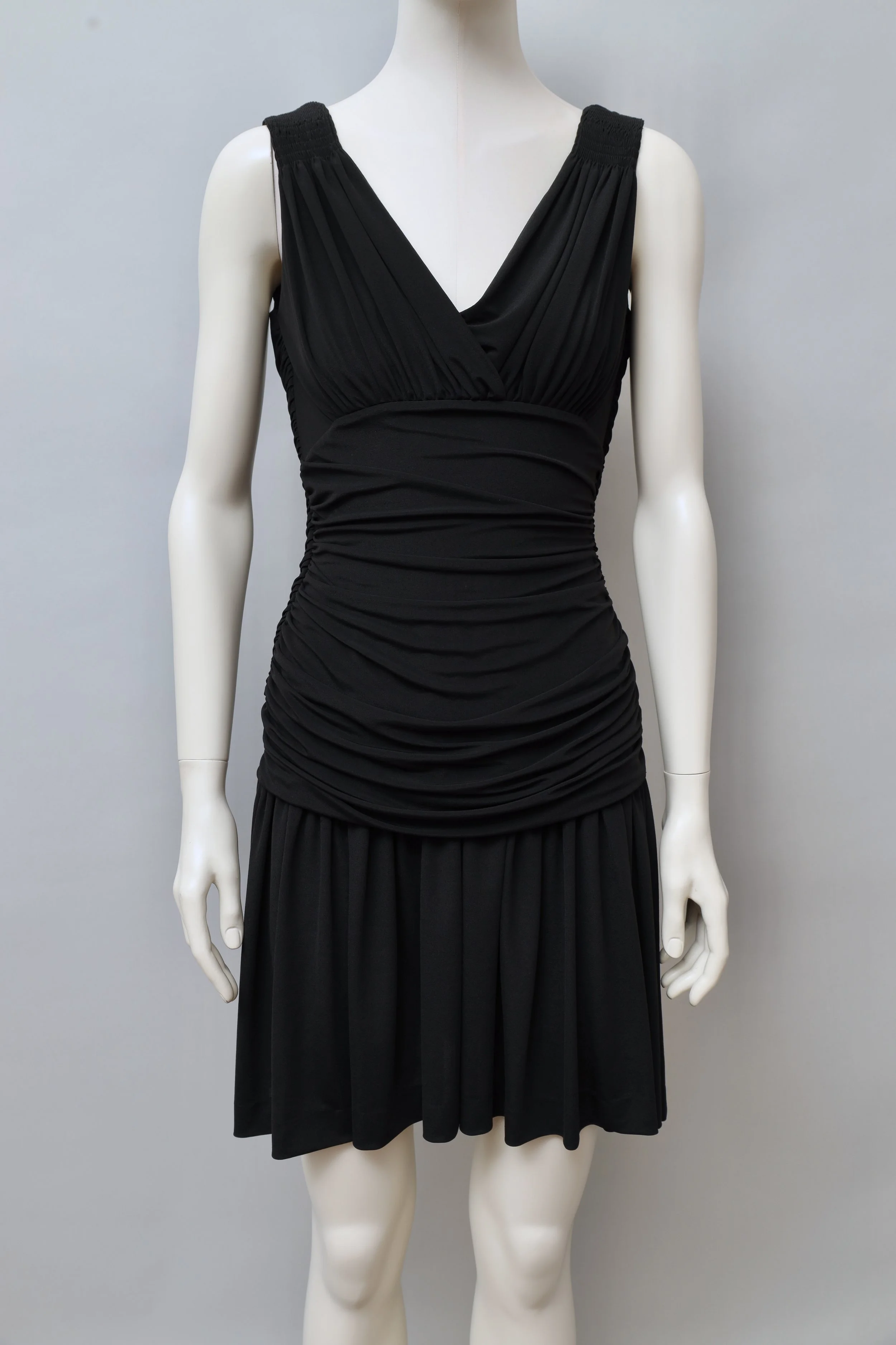 S/S 1990 Norma Kamali ruched black stretch mini dress