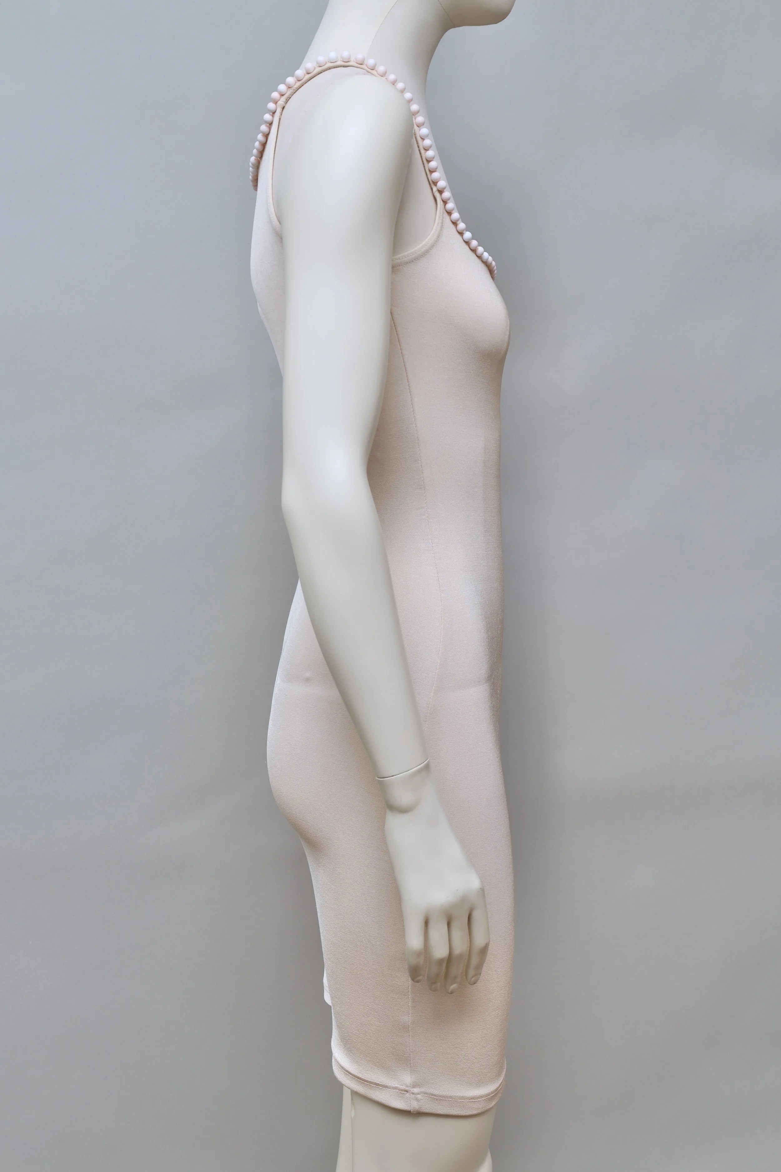 1990s Liza Bruce light peach pearl embellished stretch dress