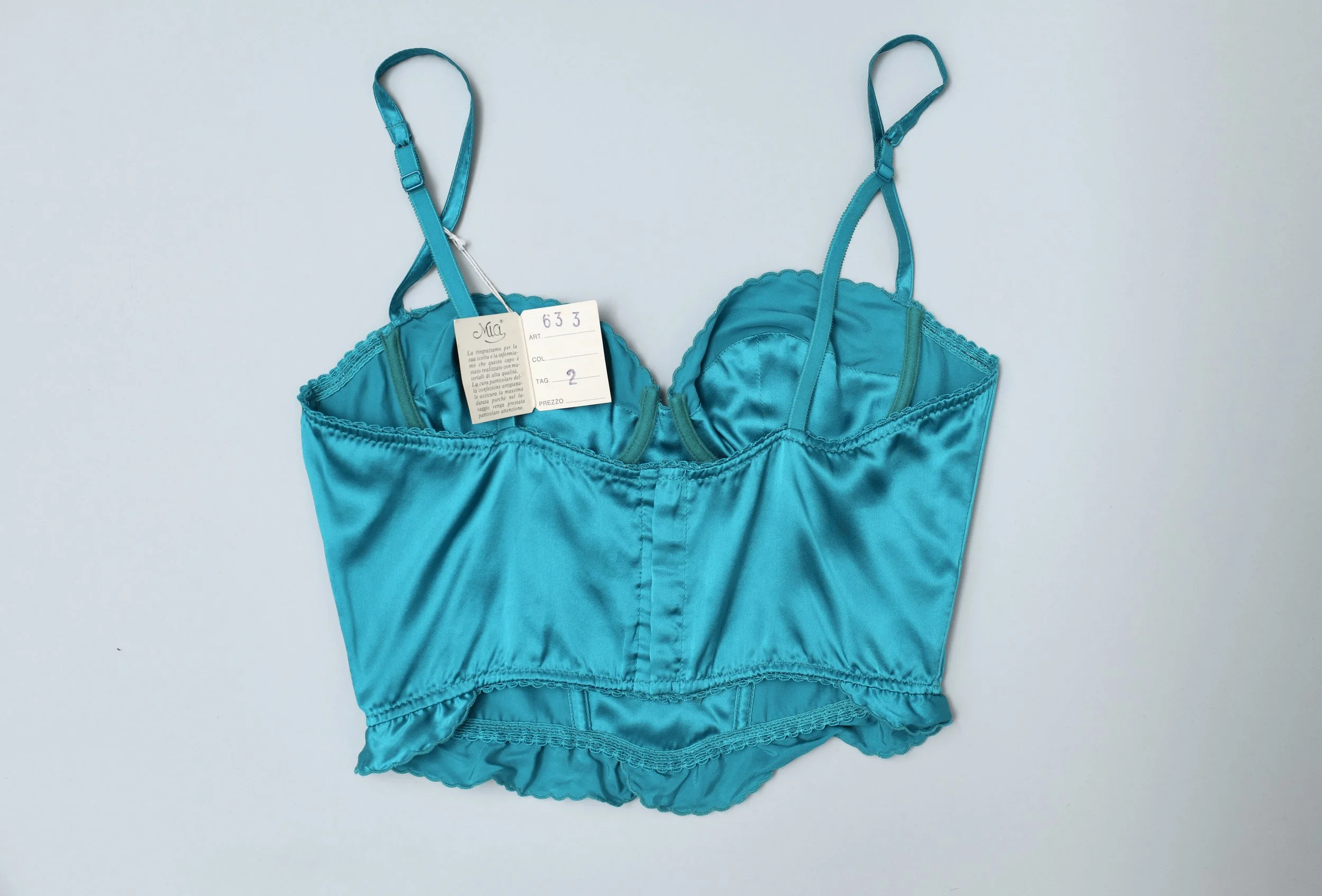 1980s deadstock Italian vintage lustrous turquoise silk bustier