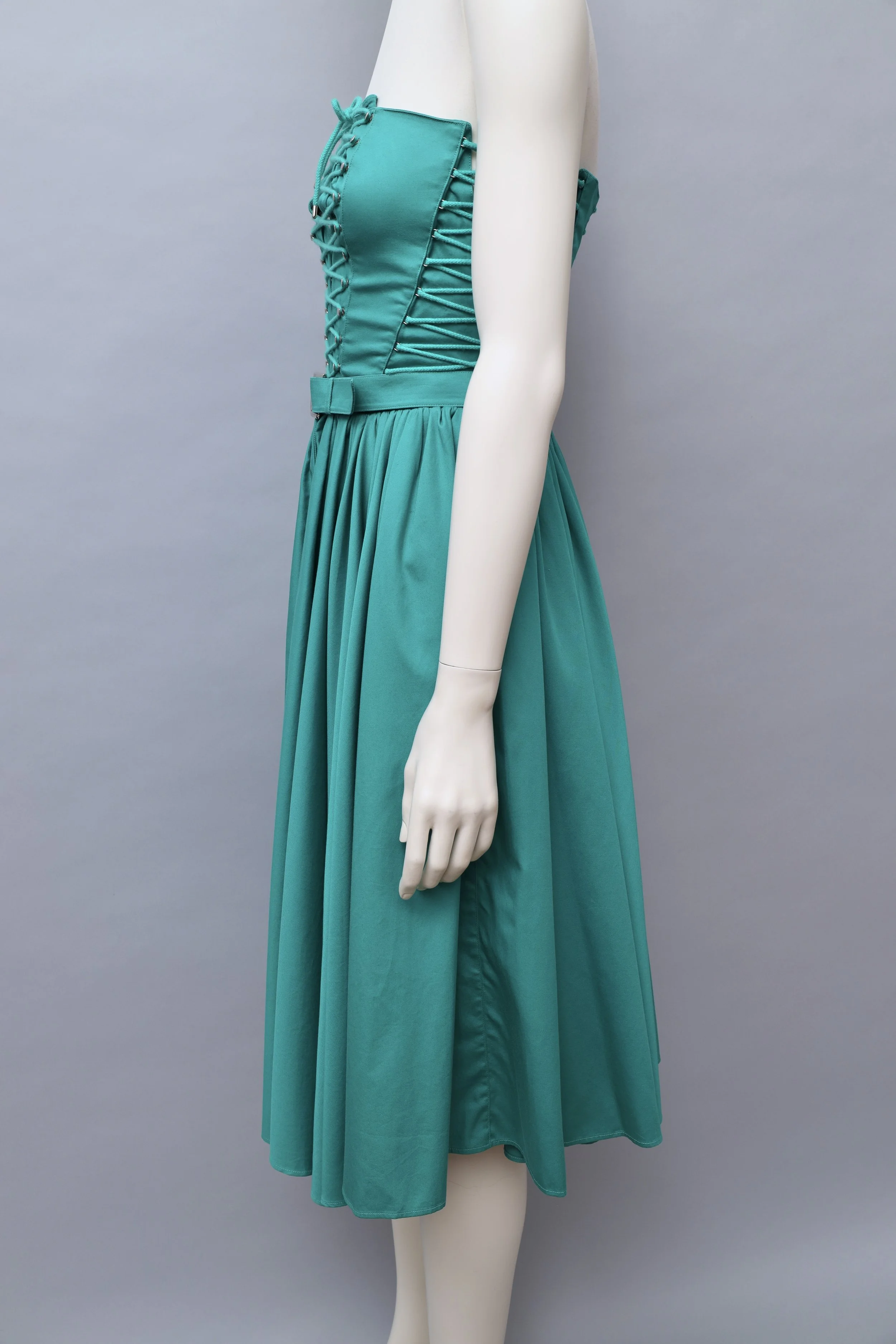 S/S 1987 Thierry Mugler teal lace up dress