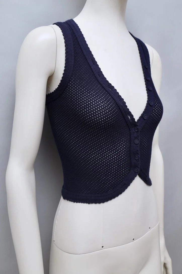 early 1970s Biba navy blue perforated cotton button up vest