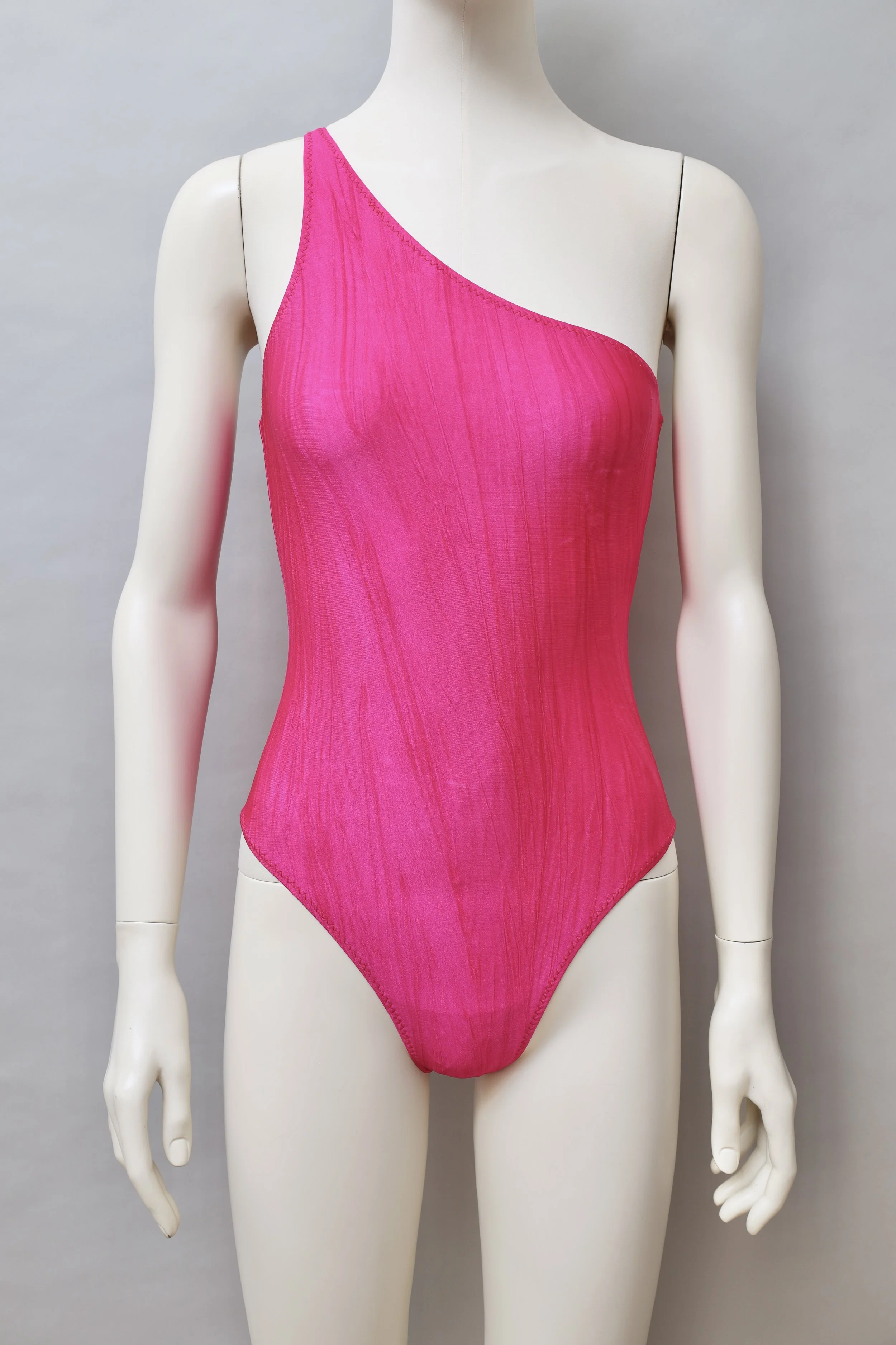 1990s OMO Norma Kamali hot pink one shoulder swimsuit