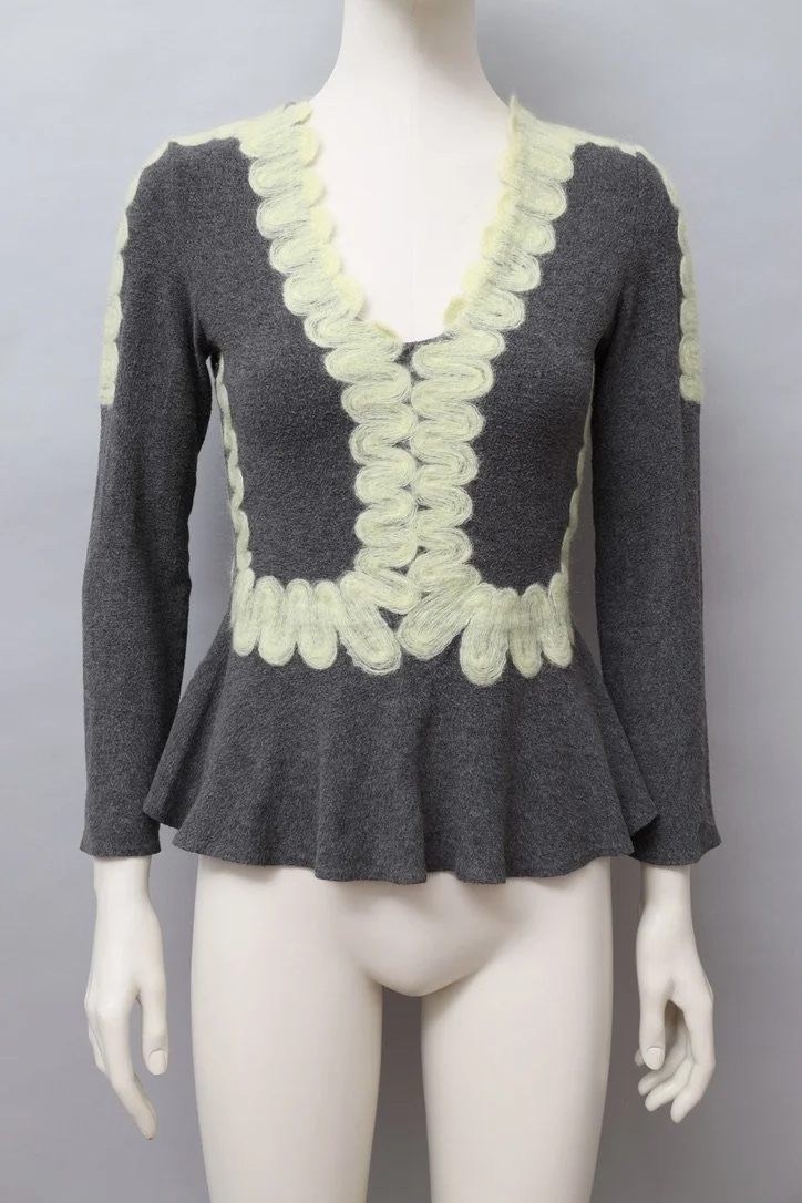2000s Yoshiki Hishinuma gray fleece and pale yellow mohair embroidery peplum top