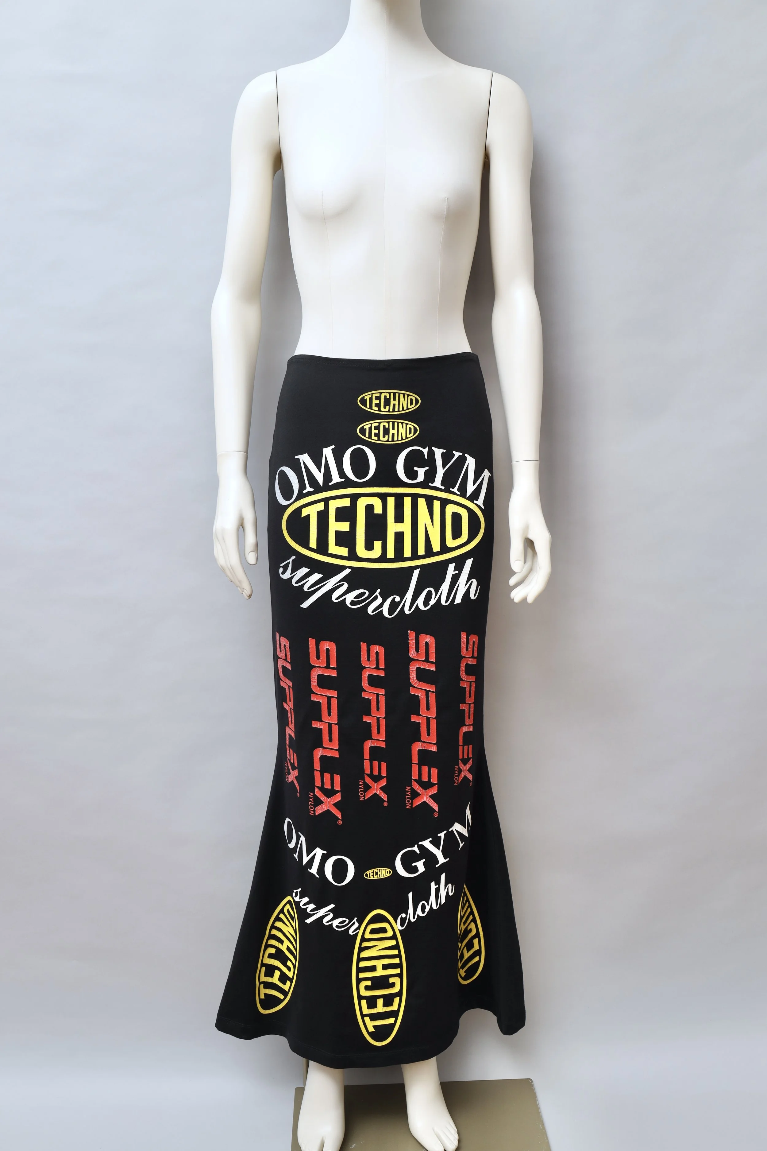 1990s Norma Kamali OMO gym techno print maxi skirt