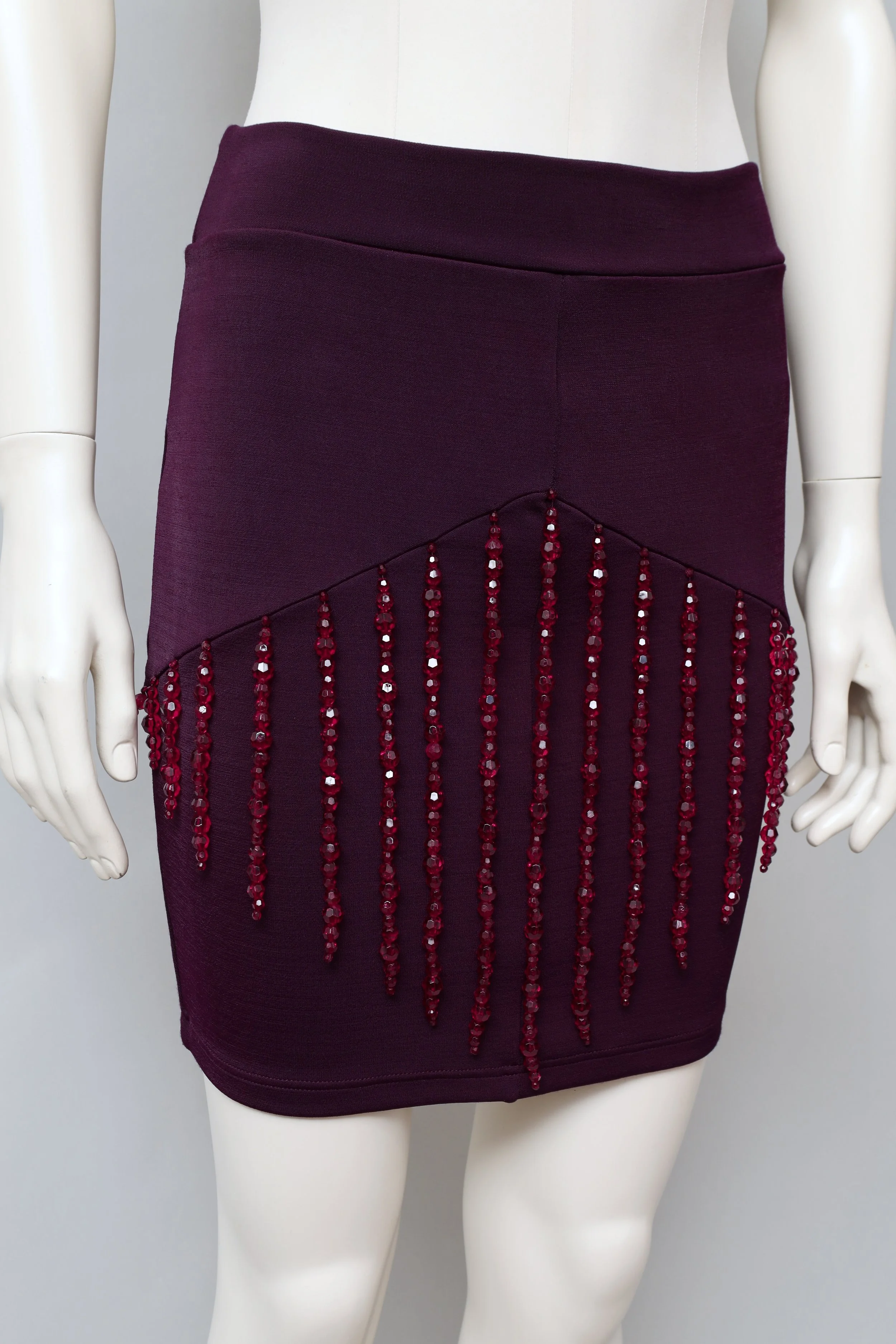 1990s Liza Bruce crystal bead fringed purple stretch mini skirt