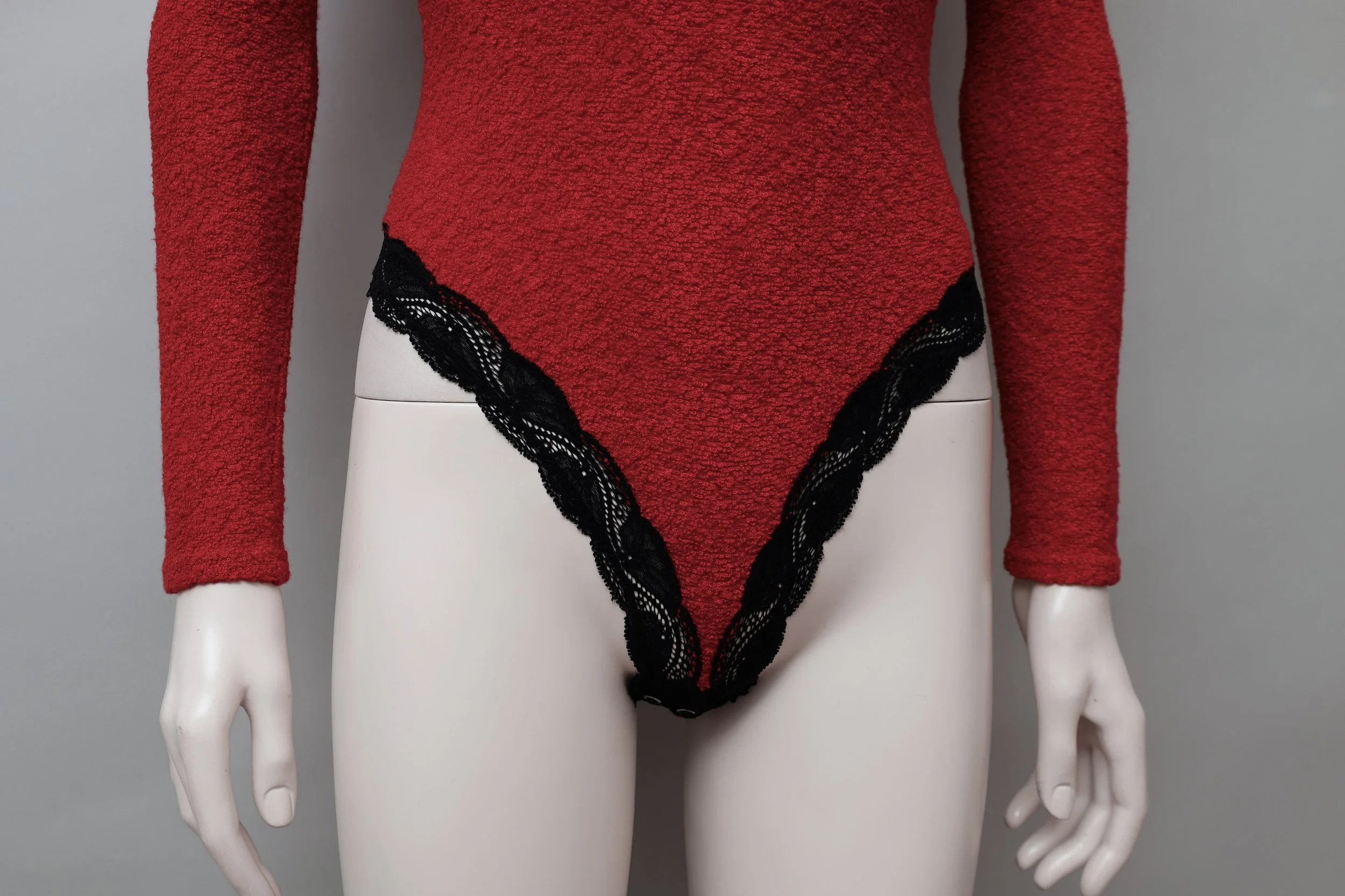 1990s Georges Rech red terry and black lace trim bodysuit
