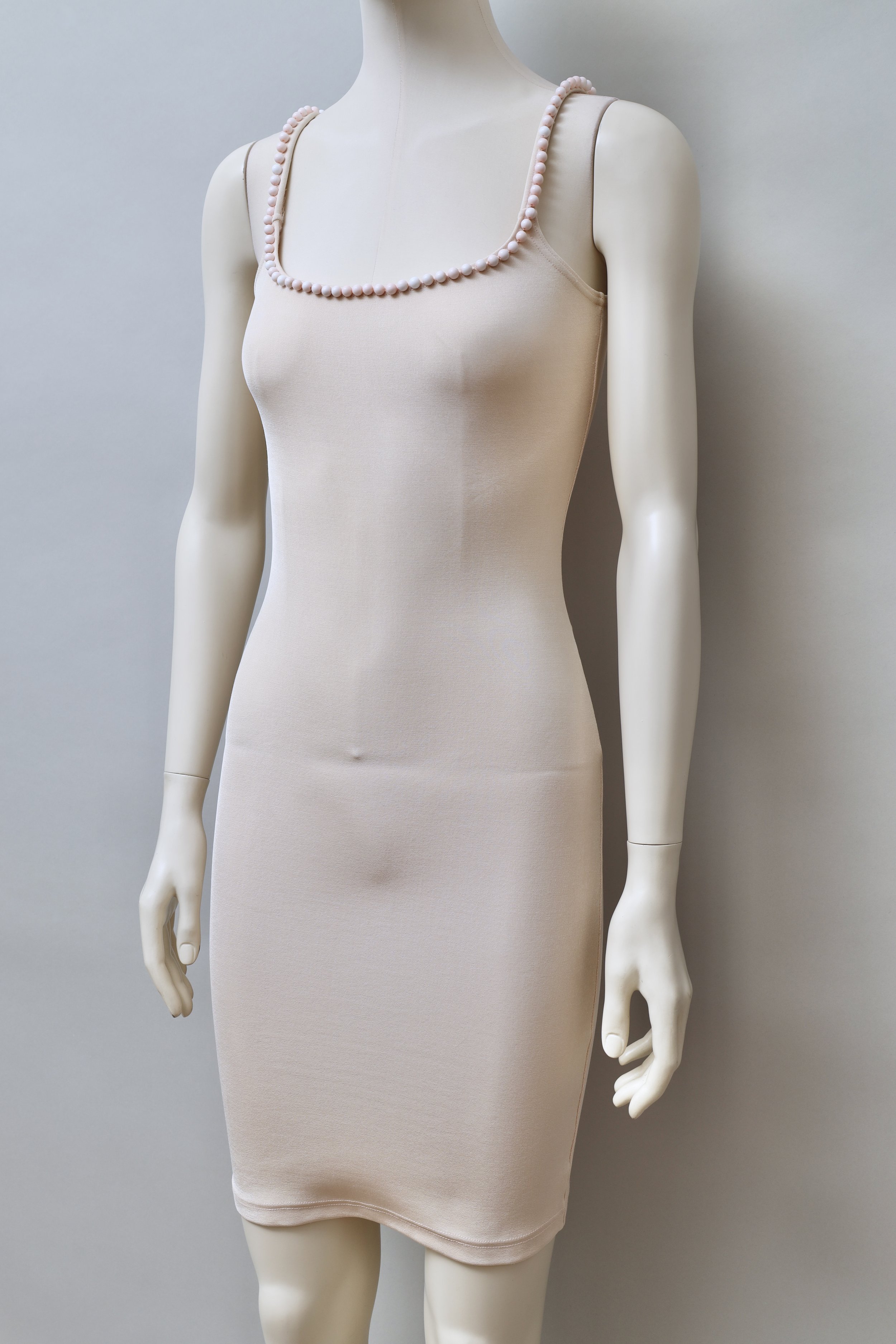1990s Liza Bruce light peach pearl embellished stretch dress