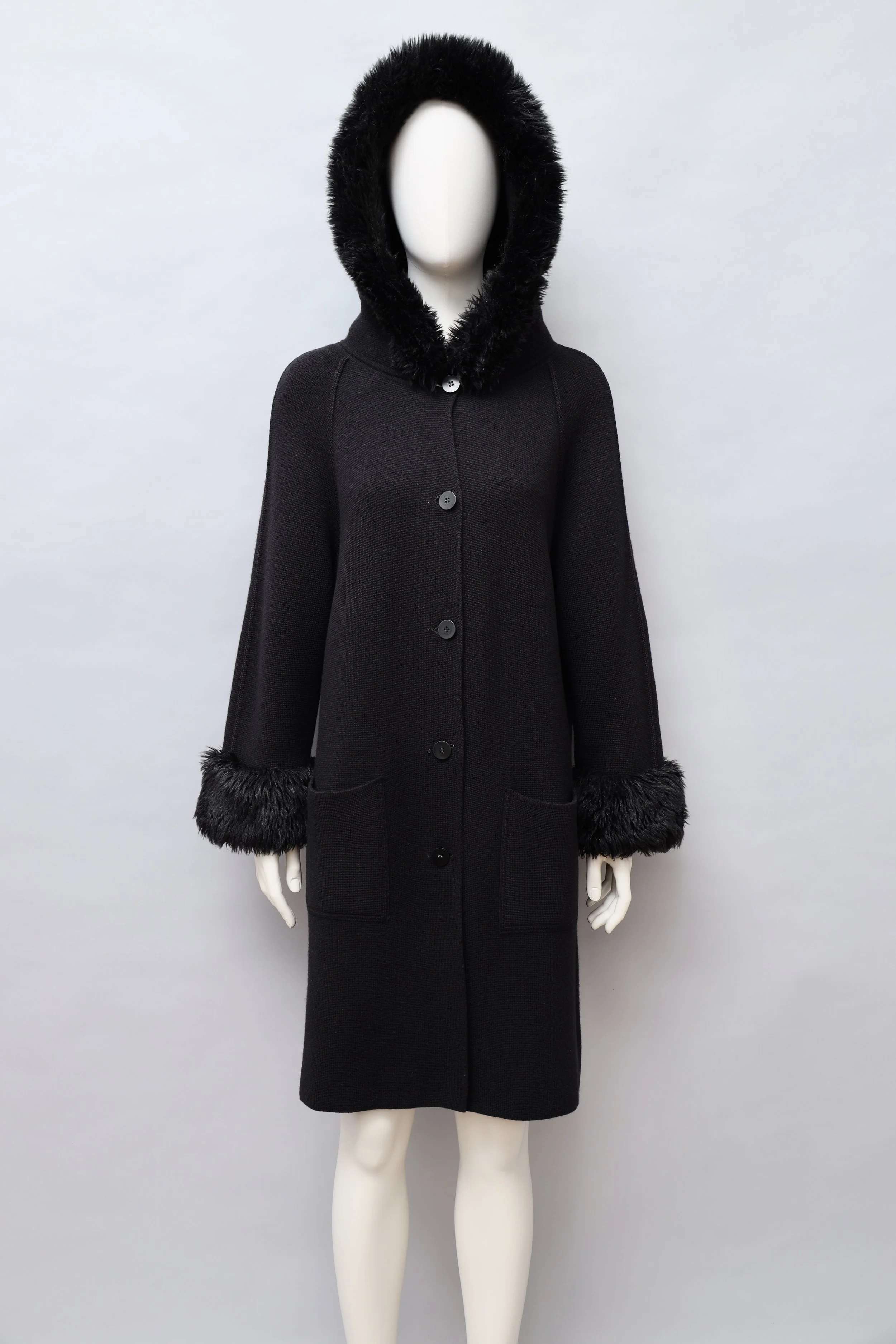 1980s Arlette Nastat black wool blend hooded coat with faux fur trim