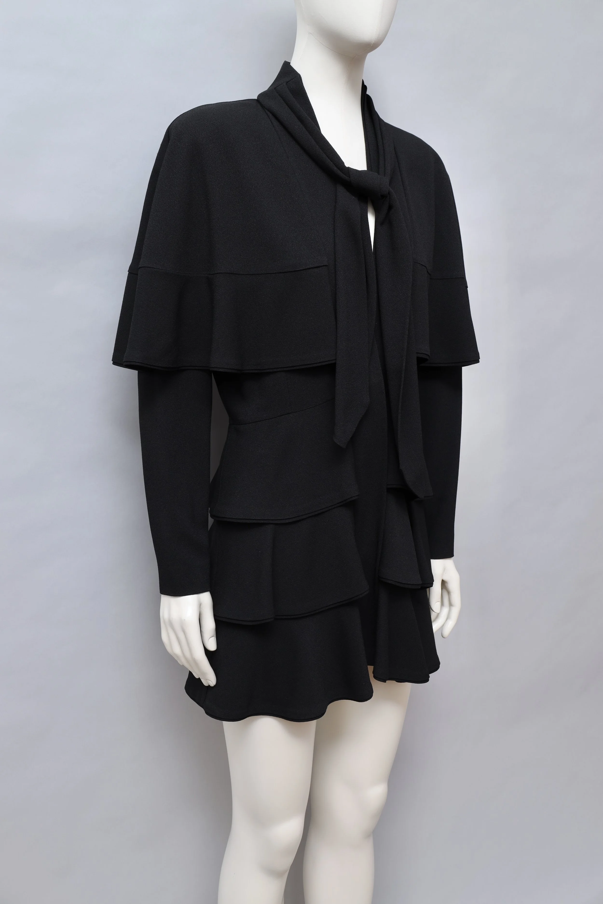 S/S 1988 Norma Kamali black tiered pussy bow over-dress