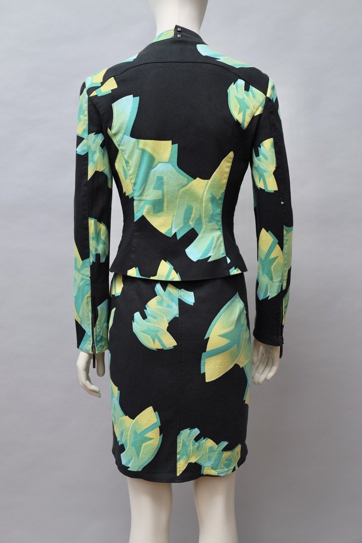 late 2000s Mugler green 2D graffiti print halterneck dress and jacket set