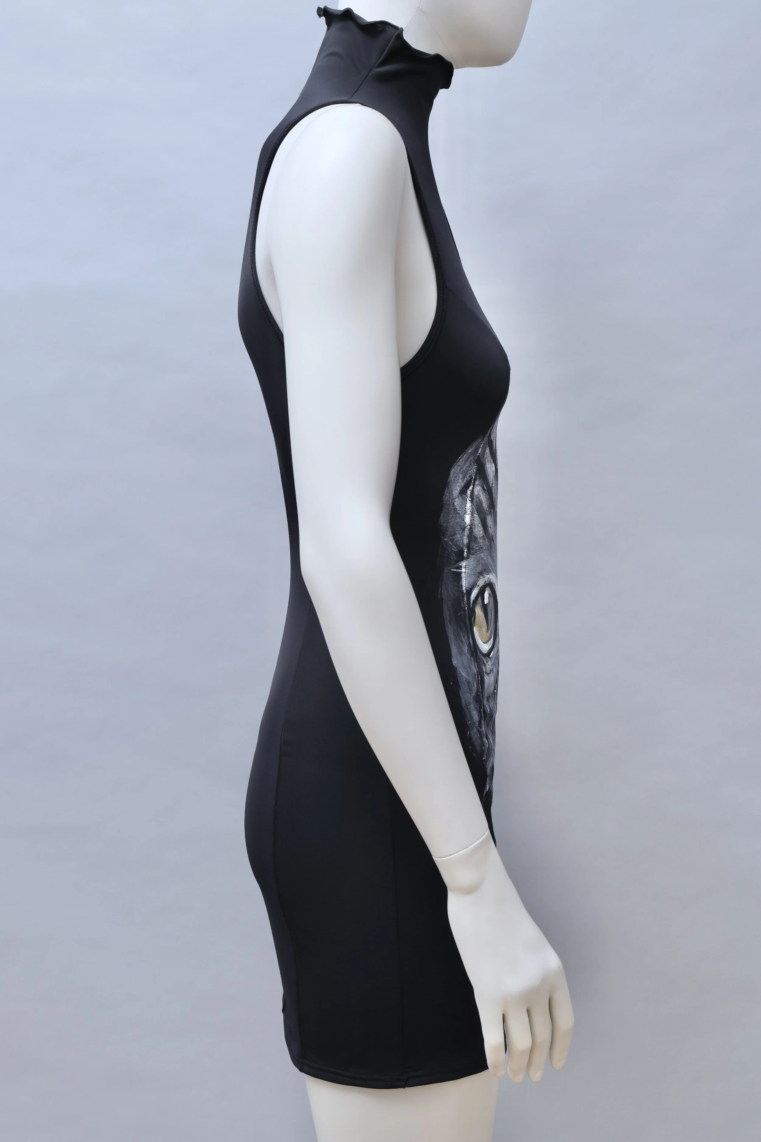 2000s Omar Piragino turtleneck black cat print dress