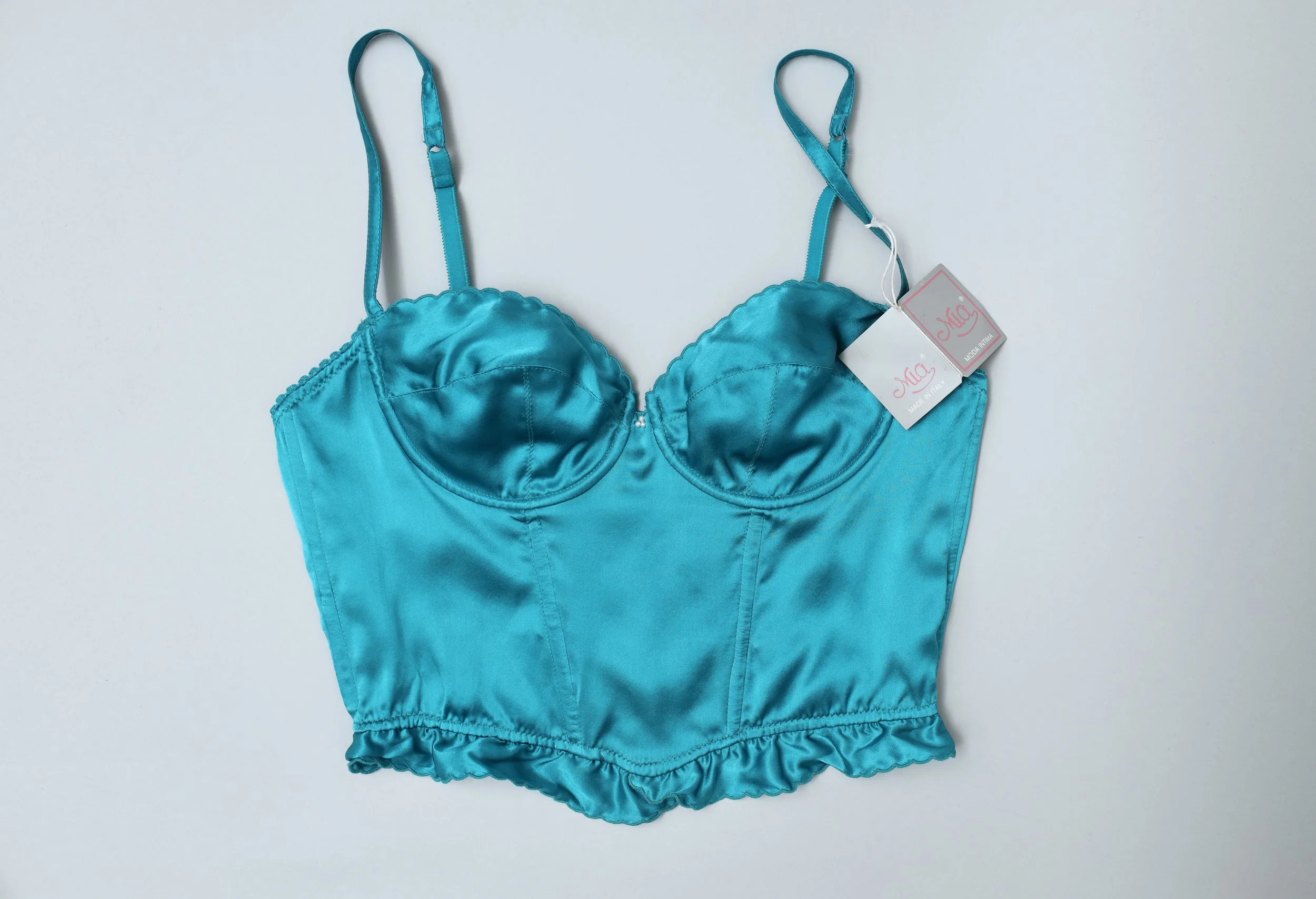 1980s deadstock Italian vintage lustrous turquoise silk bustier
