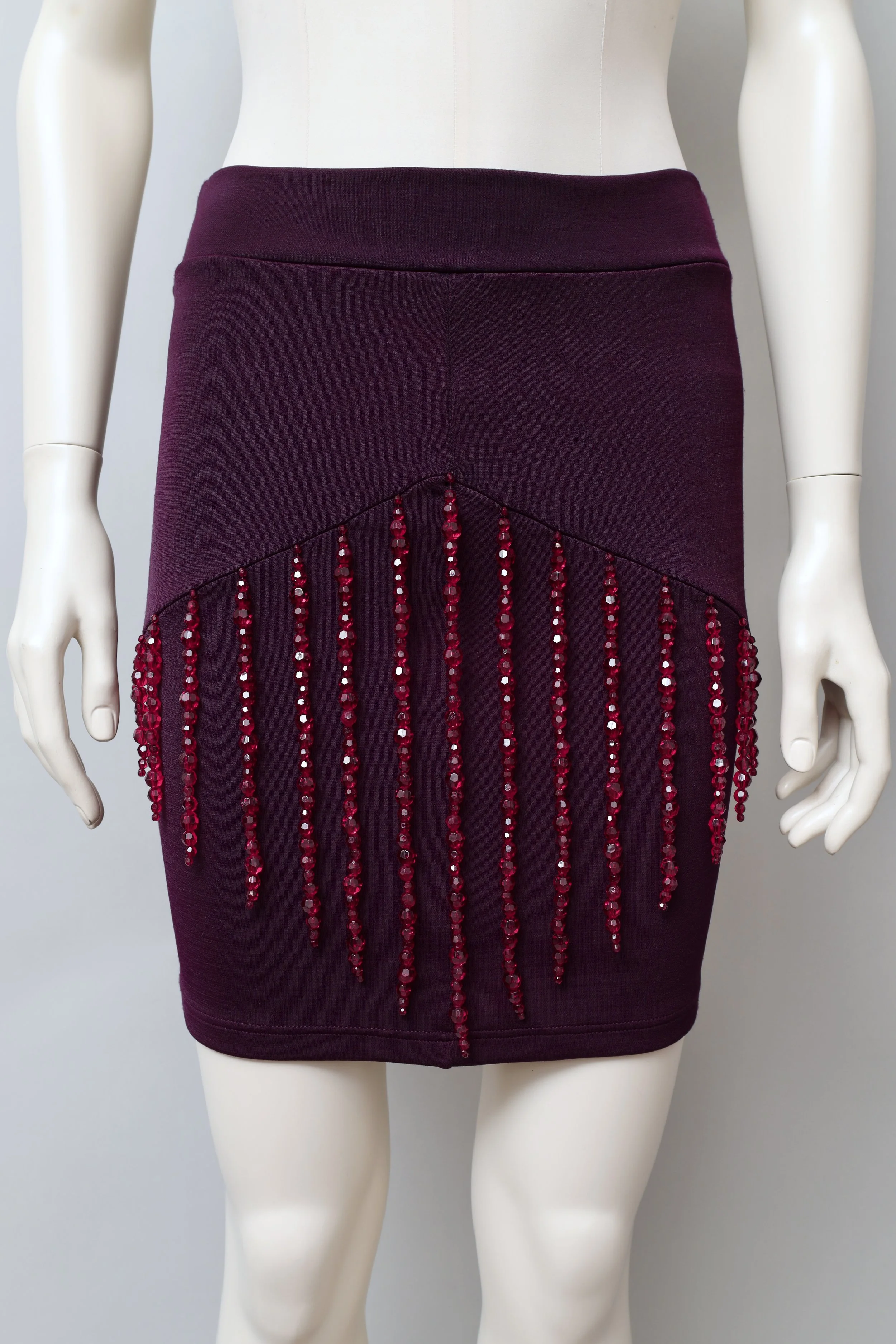 1990s Liza Bruce crystal bead fringed purple stretch mini skirt