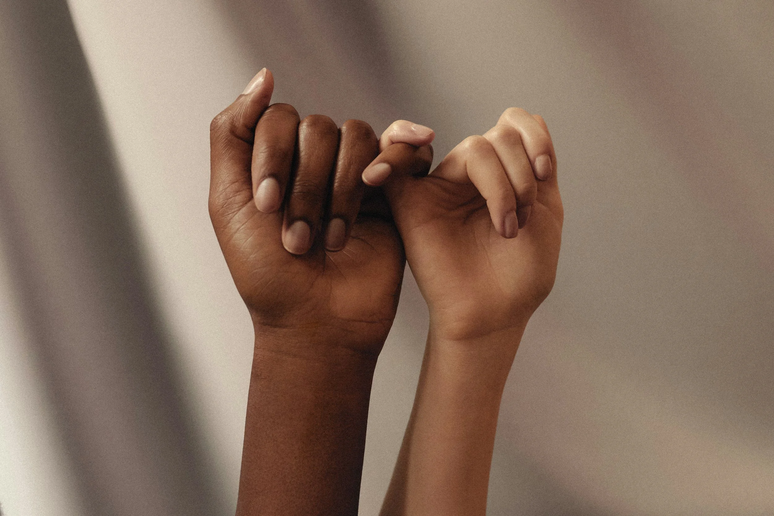 Two hands, one dark-skinned and one light-skinned, interlocking fingers in a symbolic gesture of unity and diversity.