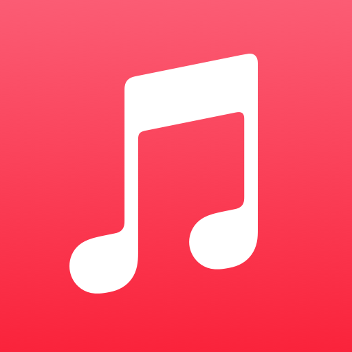 White musical note icon on a pink background.