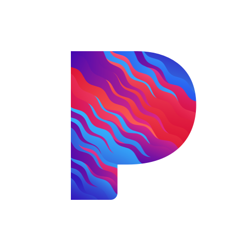 Colorful letter 'P' with wavy red, purple, and blue stripes.