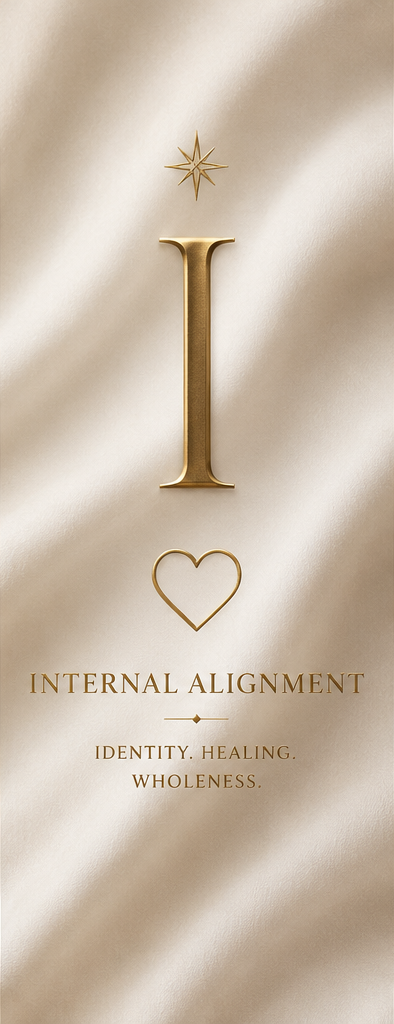 Gold letter 'I' with a star above and a heart below on a cream satin background, with the words 'Internal Alignment,' 'Identity. Healing. Wholeness.' underneath.