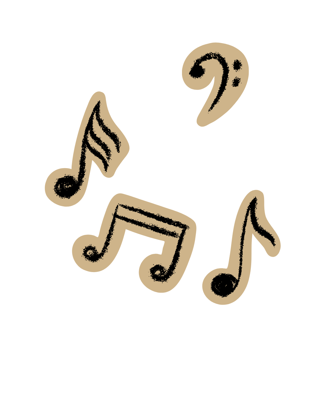 Illustration of four music notes in beige on a black background.