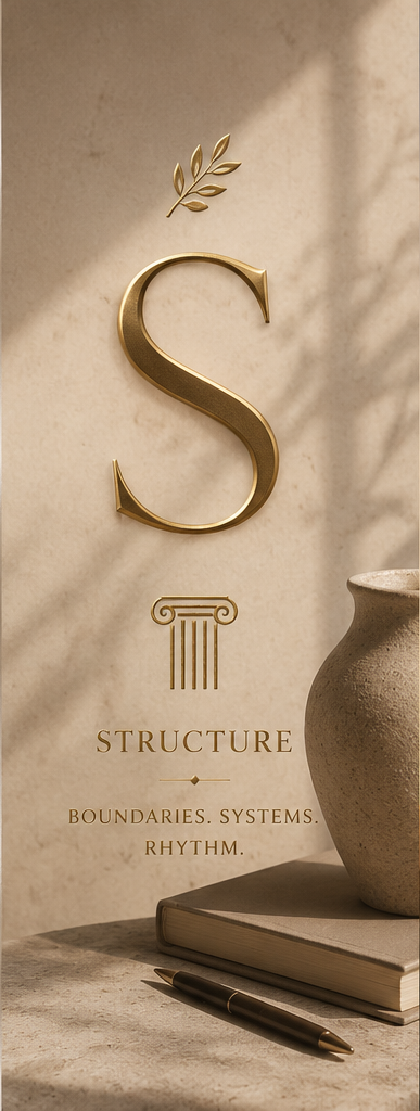 Decorative wall with a large gold letter 'S', a small gold leaf ornament, an illustration of a classical column, and words 'Structure', 'Boundaries. Systems. Rhythm.' beneath, on a neutral background.